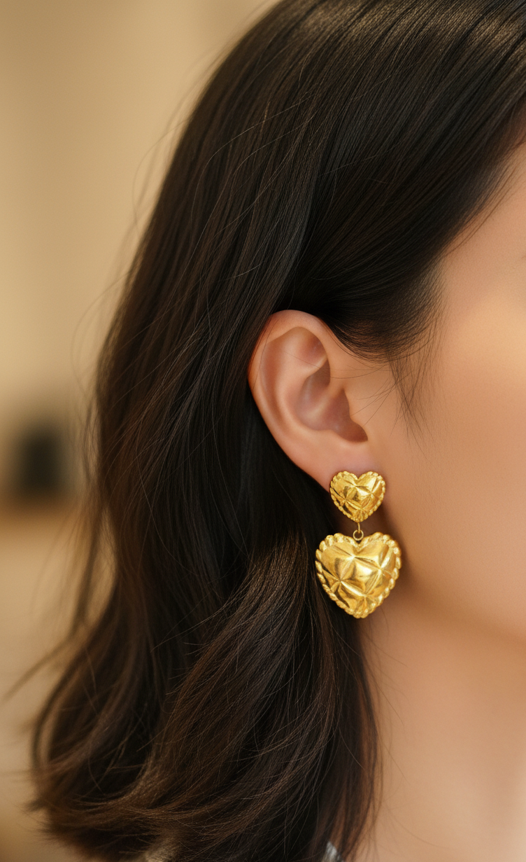 Double Heart Dangler Earrings 18K Gold Plated