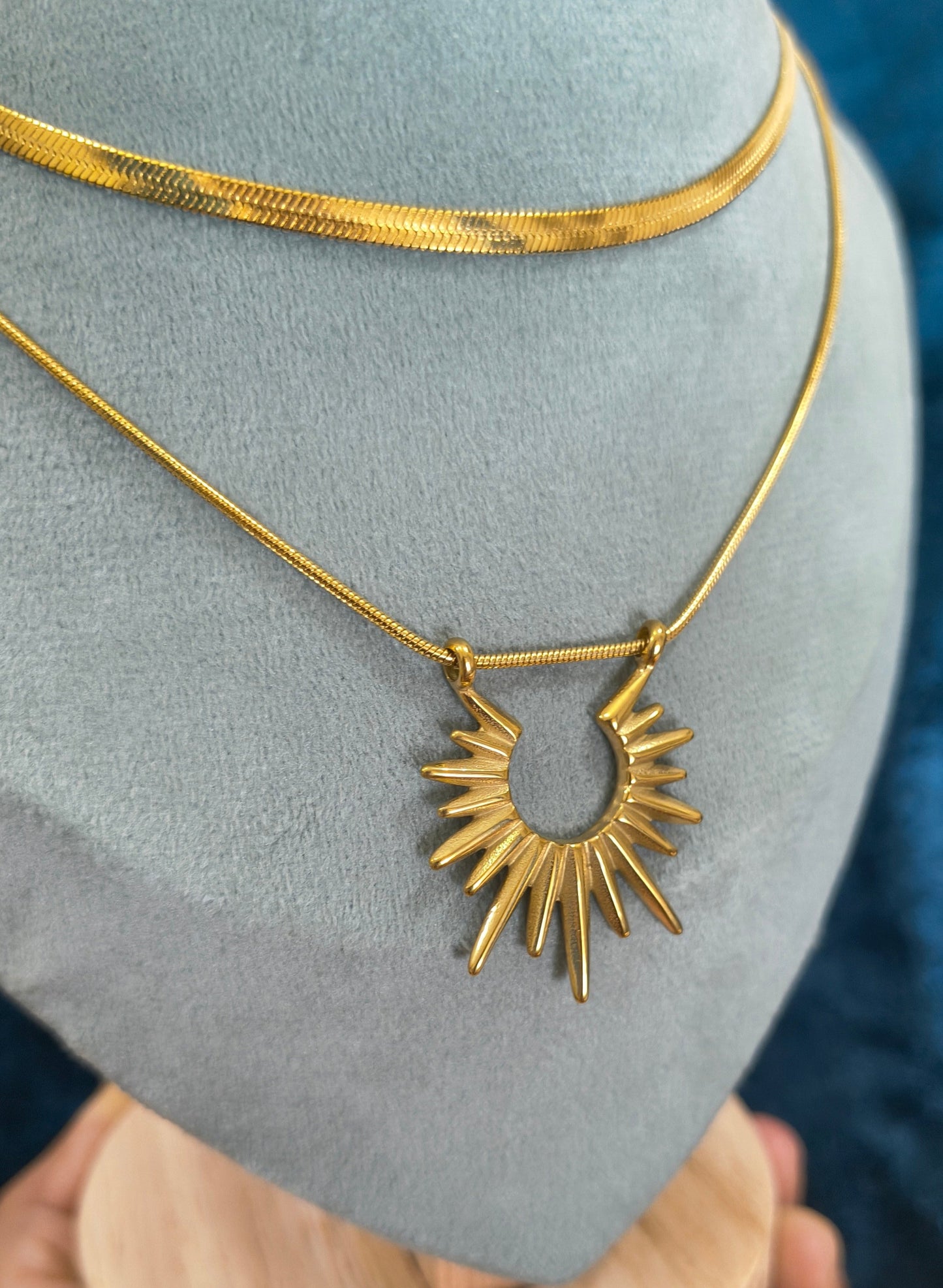Double Layered Sun Goddess Necklace 18K Gold Plated