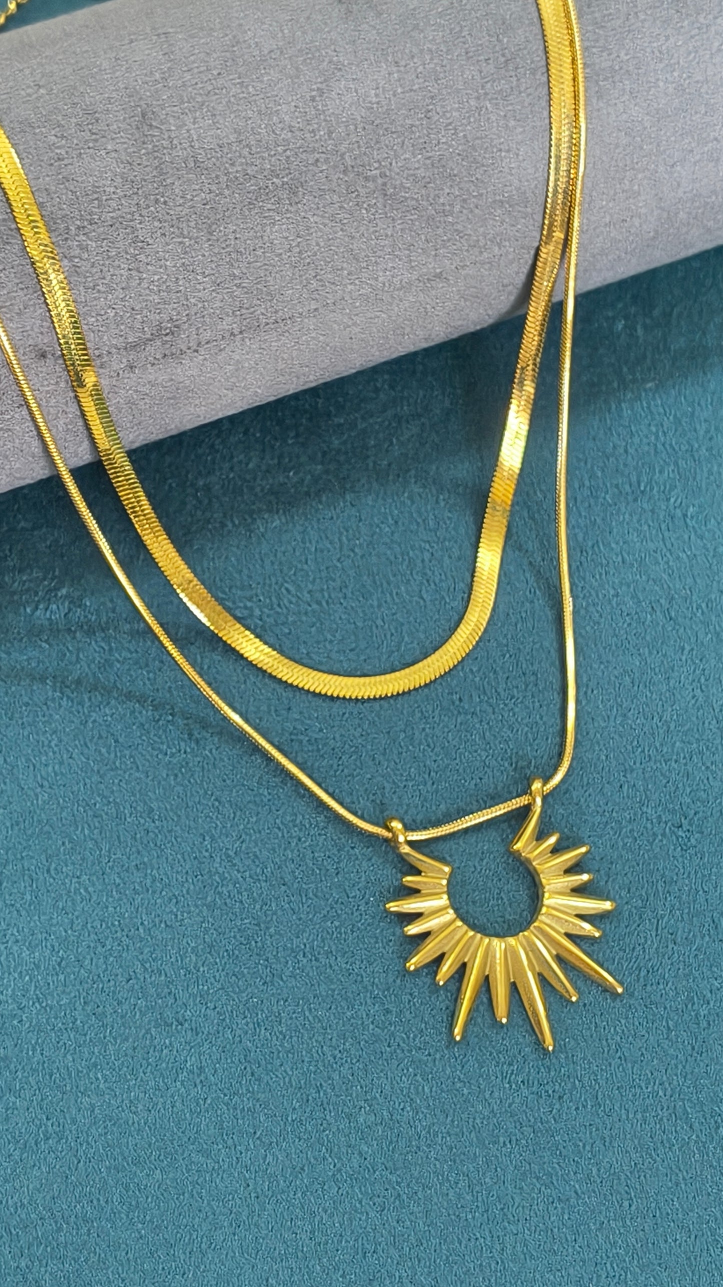 Double Layered Sun Goddess Necklace 18K Gold Plated