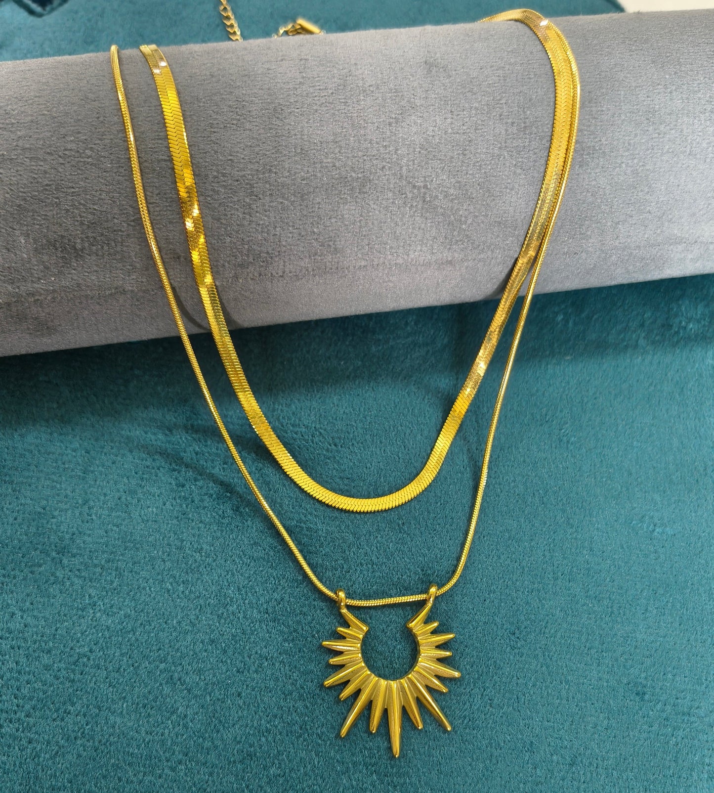 Double Layered Sun Goddess Necklace 18K Gold Plated