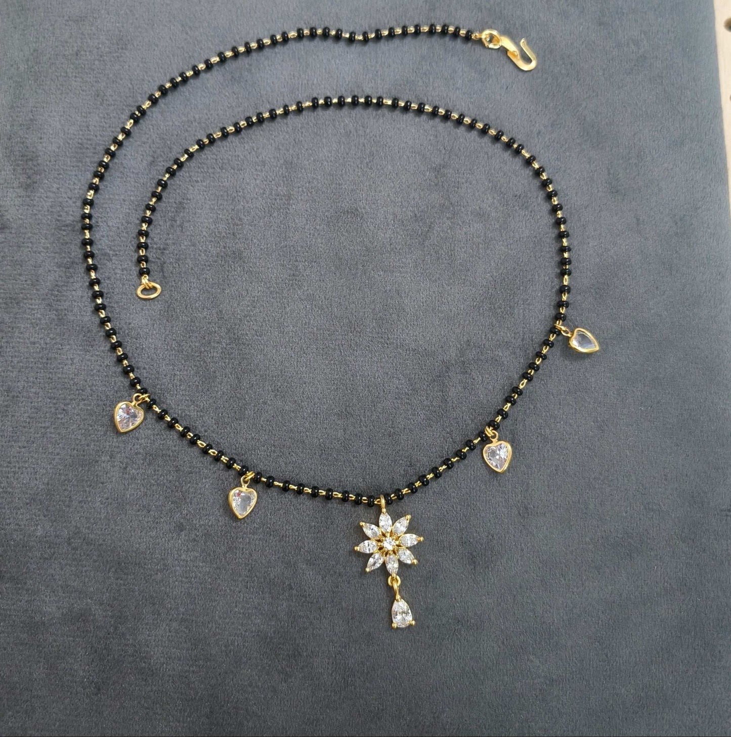 Floral Diamond Drop Black Beaded Mangalsutra Chain