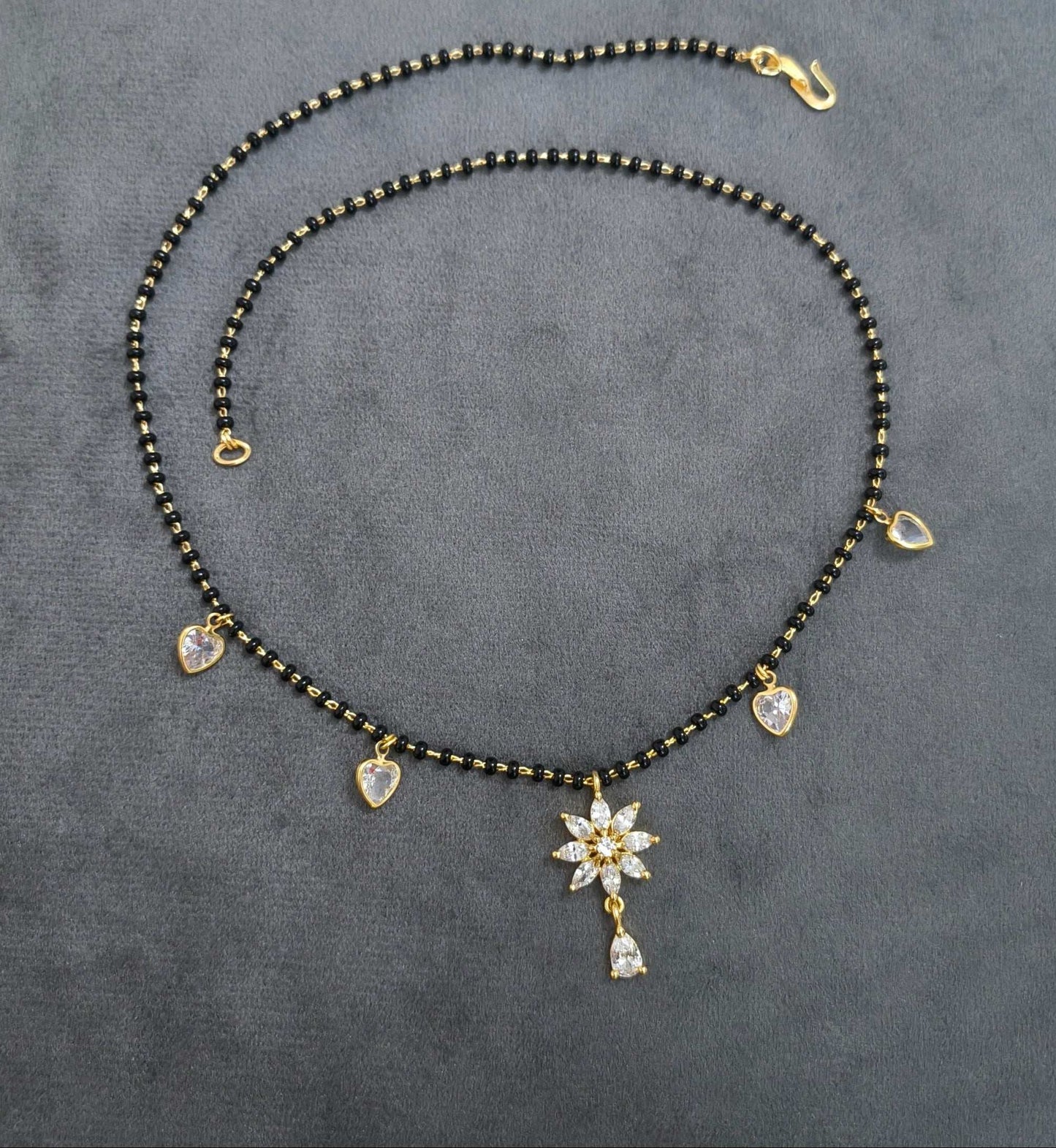 Floral Diamond Drop Black Beaded Mangalsutra Chain