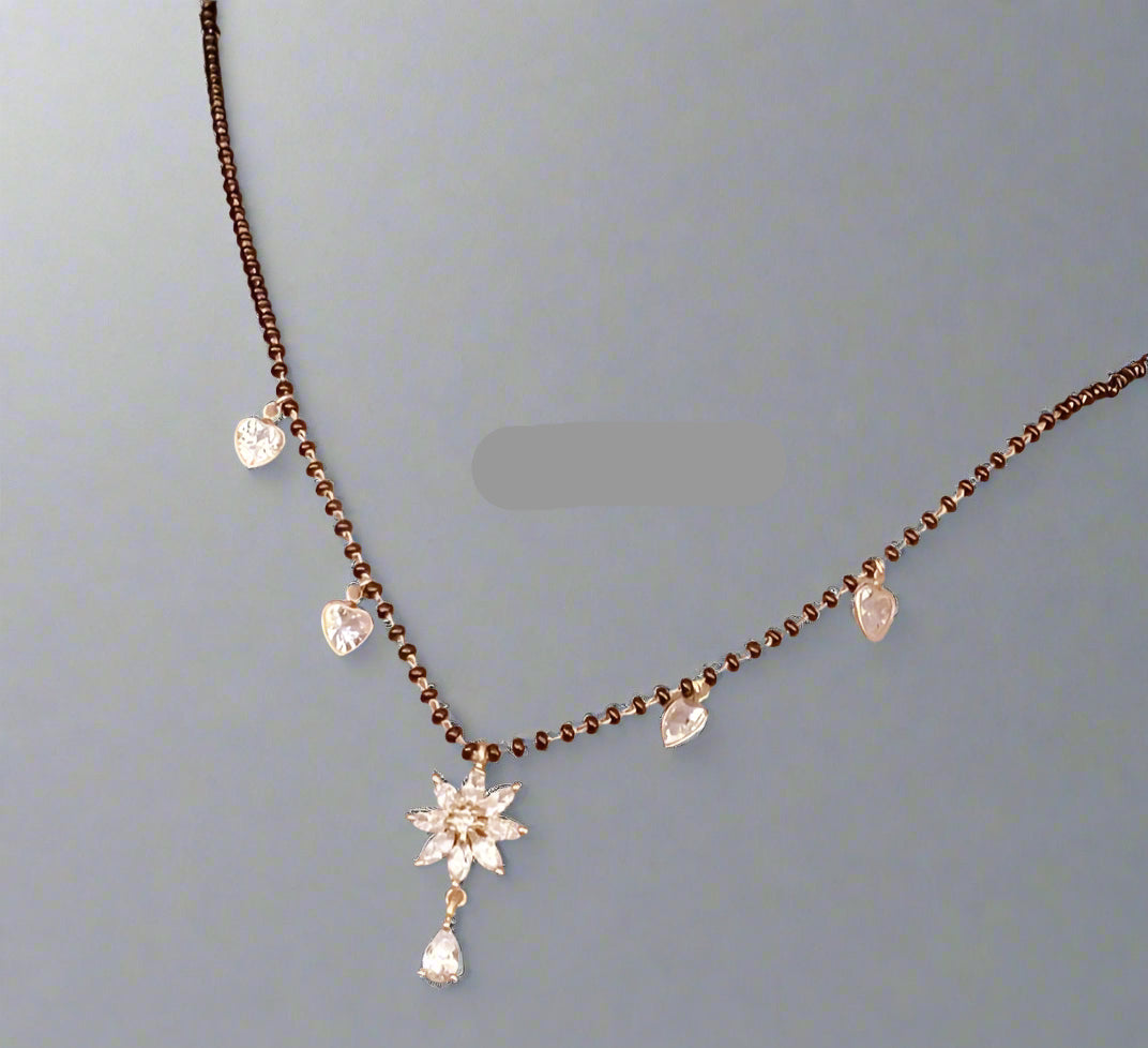 Floral Diamond Drop Black Beaded Mangalsutra Chain