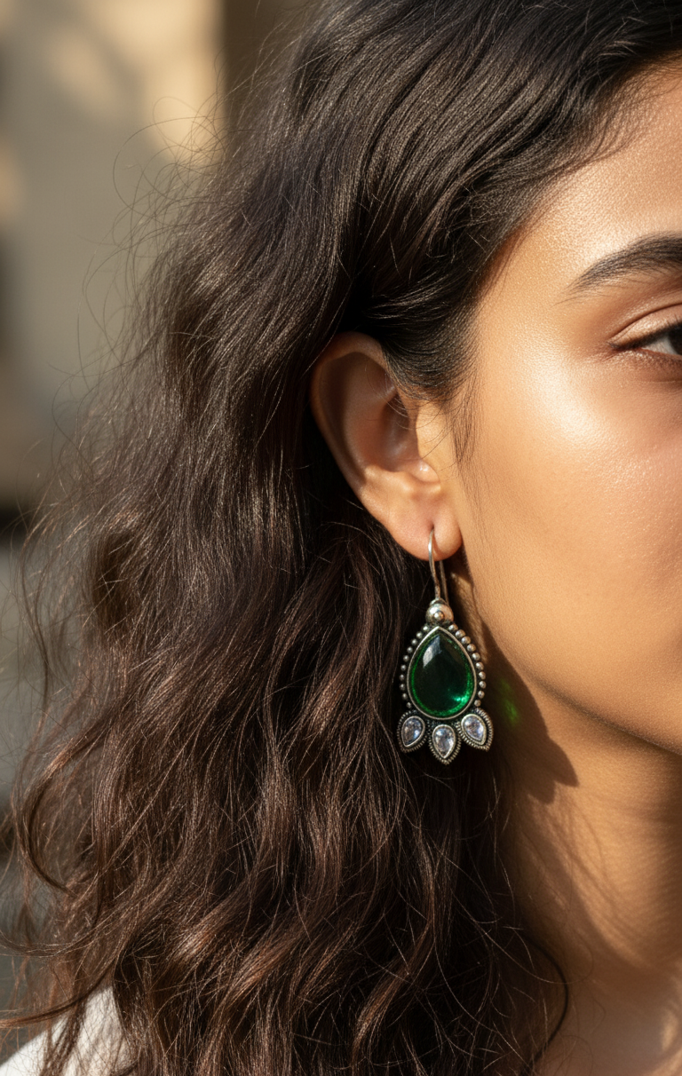German Silver Toned Emerald Stone Studded Earrings