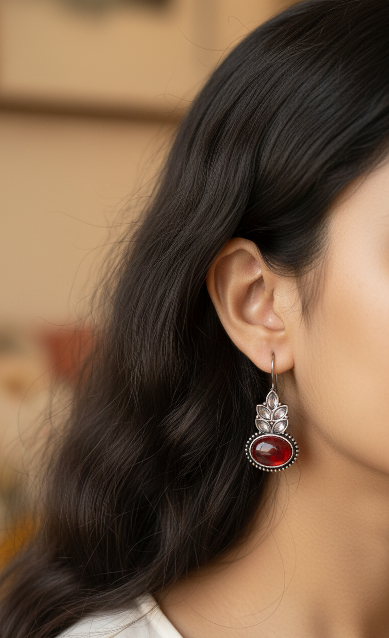 German Silver Toned Red Colored Stone Studded Earrings