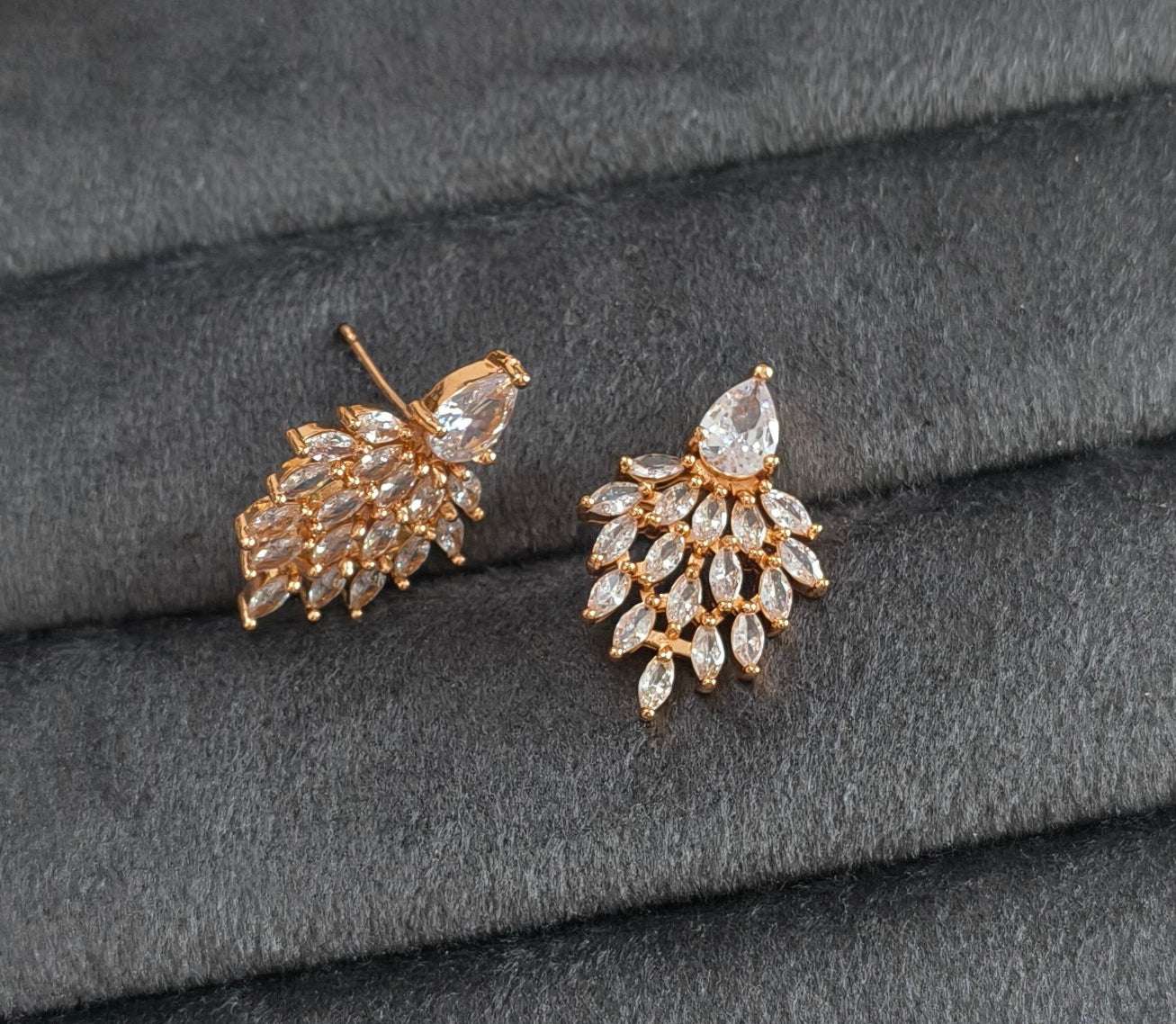 Gold Plated AD Stone Studded Leaf Shape Statement Earring