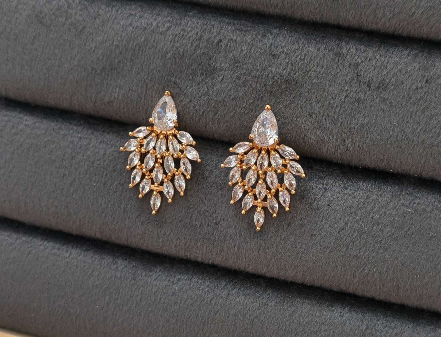Gold Plated AD Stone Studded Leaf Shape Statement Earring