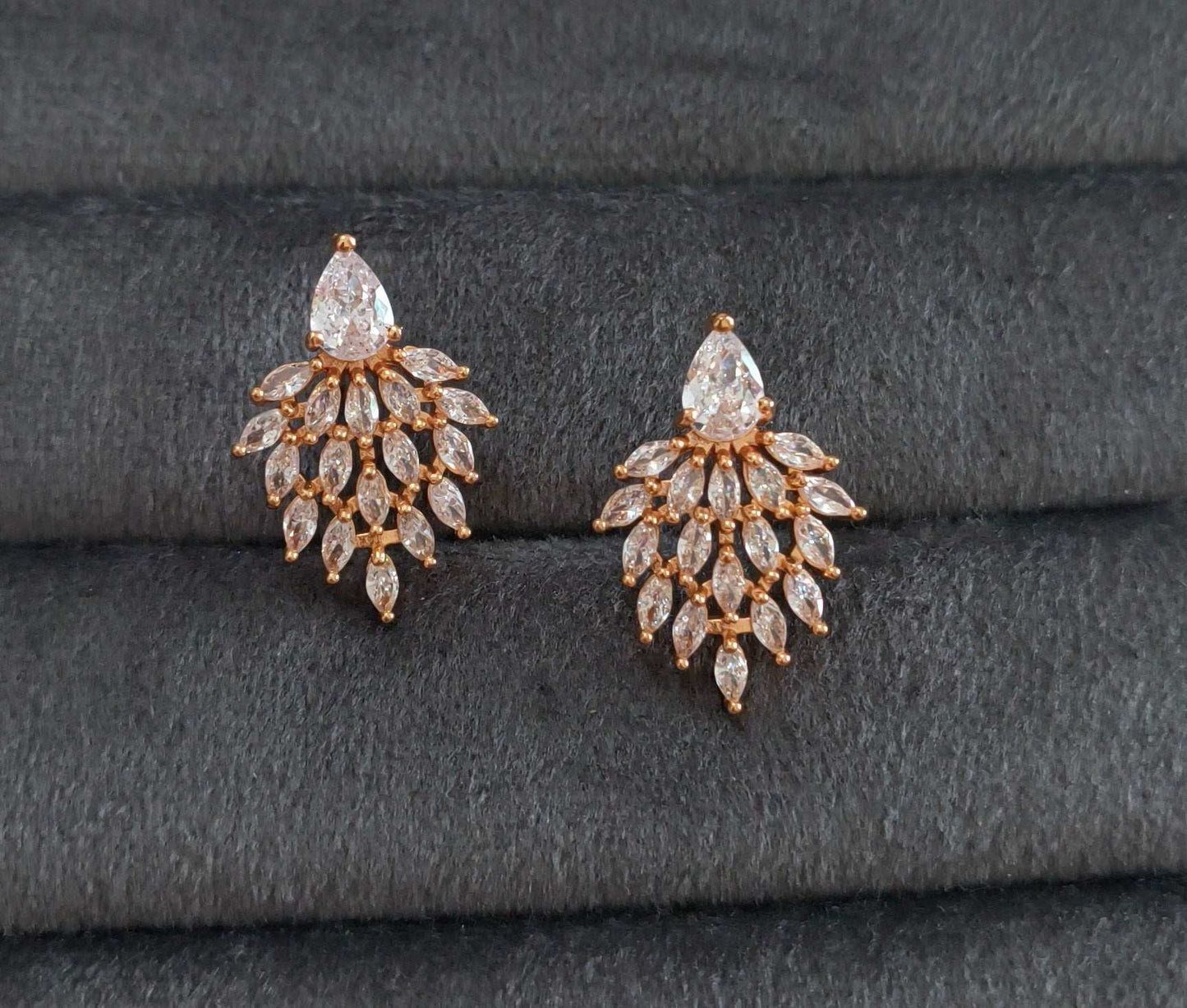 Gold Plated AD Stone Studded Leaf Shape Statement Earring