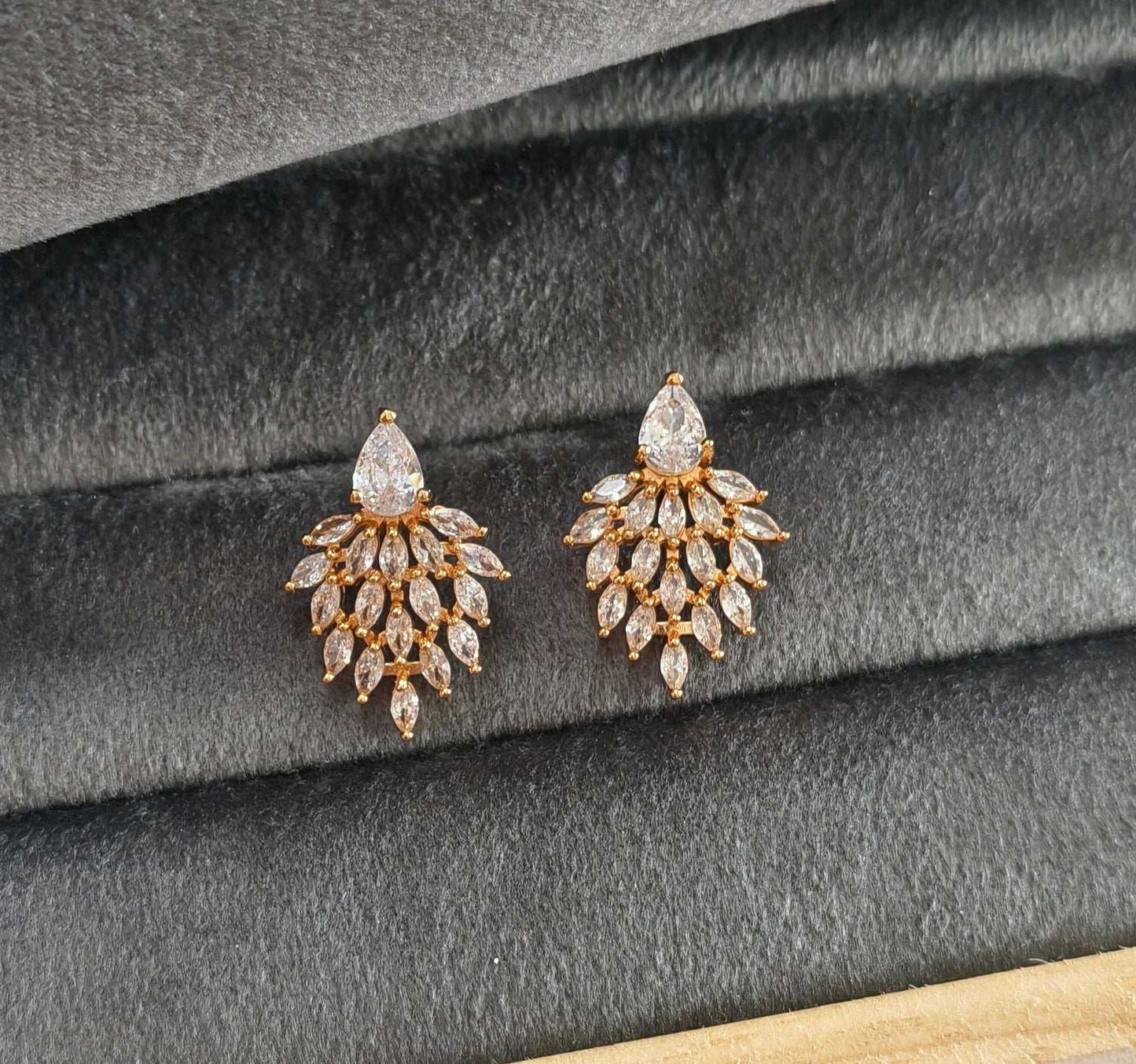 Gold Plated AD Stone Studded Leaf Shape Statement Earring