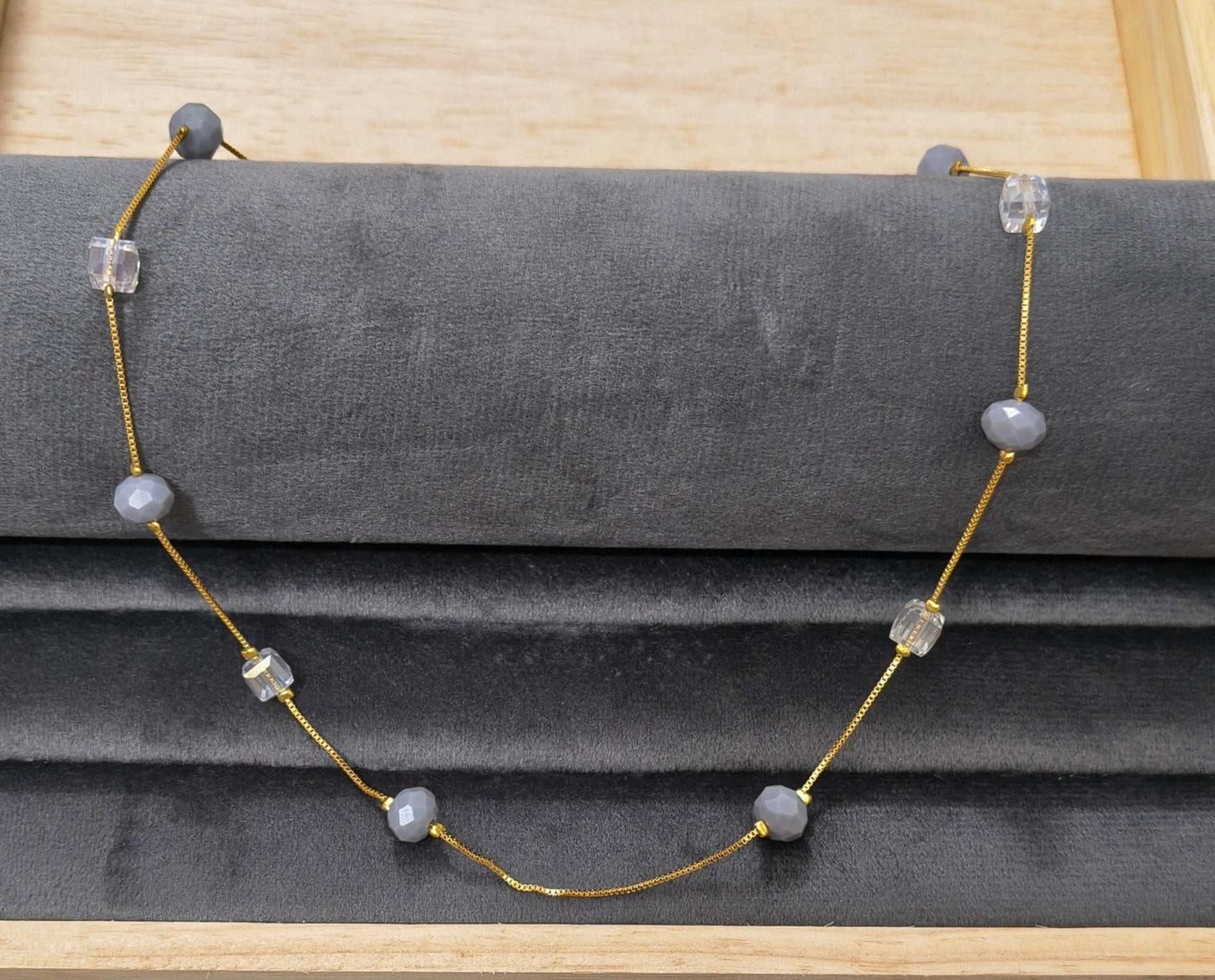 Gold Plated Grey White Crystal & Beads Necklace