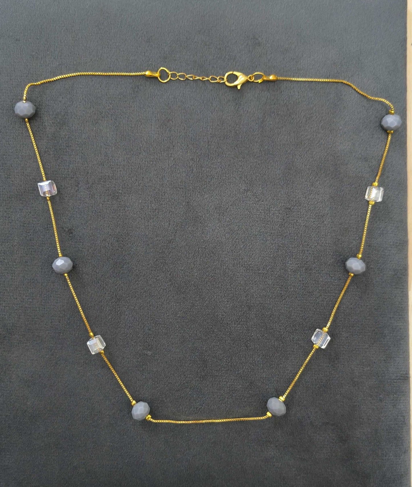 Gold Plated Grey White Crystal & Beads Necklace