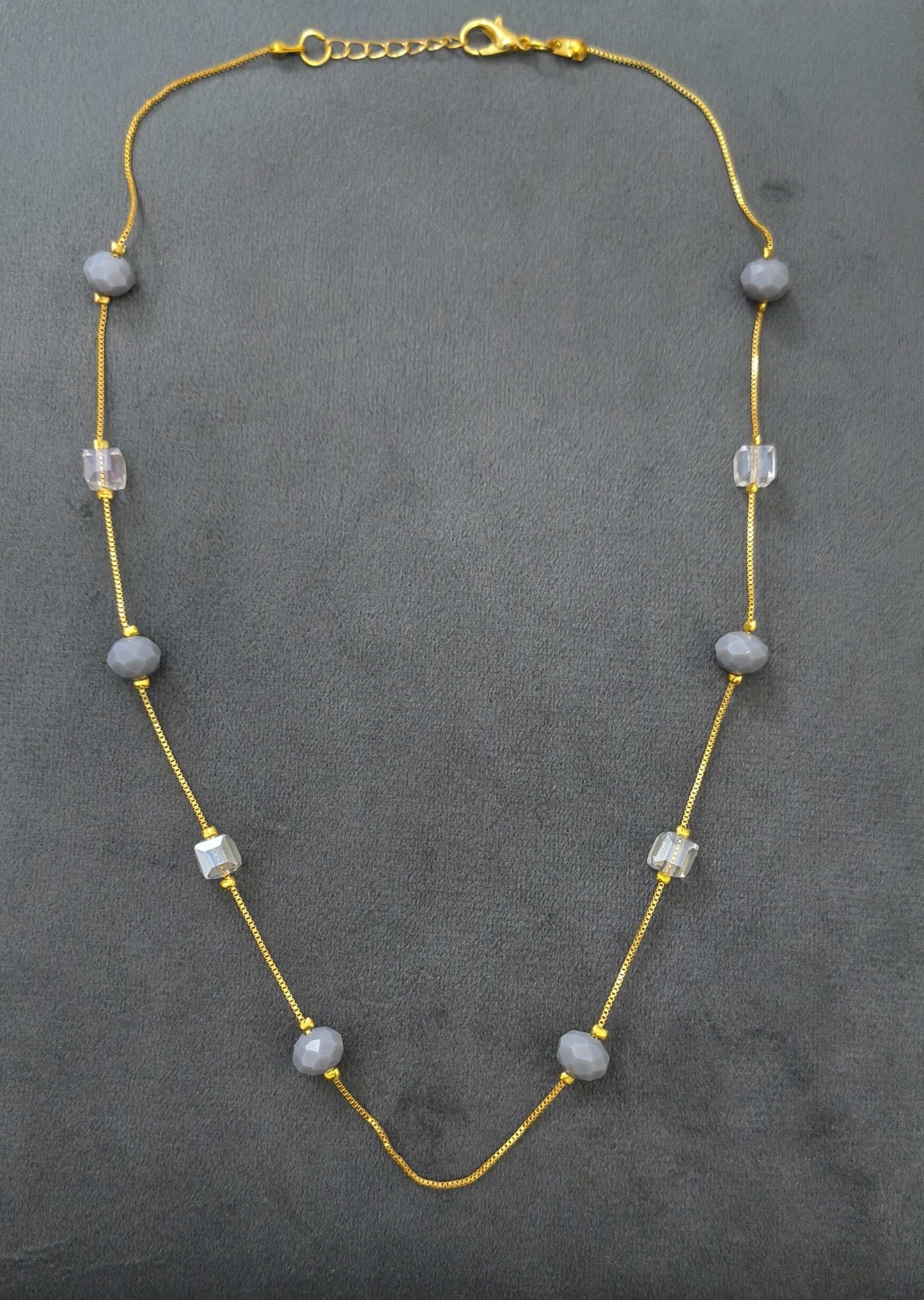 Gold Plated Grey White Crystal & Beads Necklace