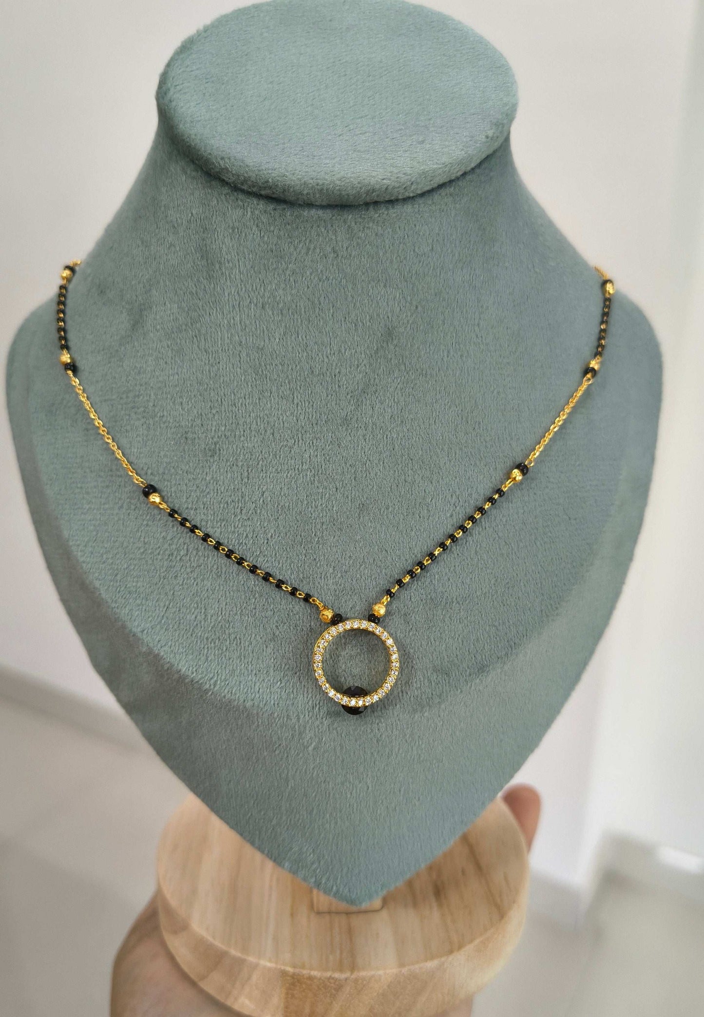 Gold Plated Hollow Circle Black Bead Pendant Style Mangalsutra Chain