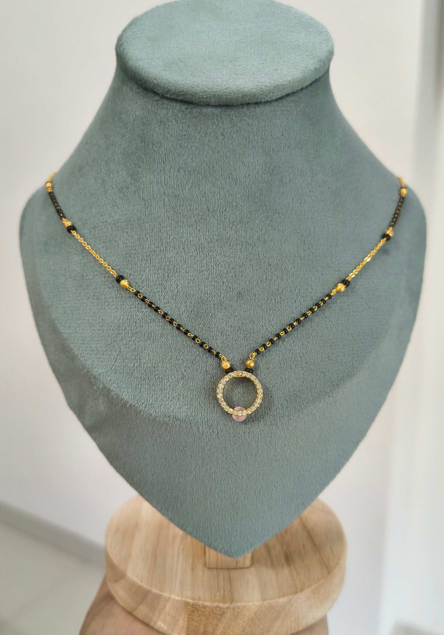 Gold Plated Hollow Circle Pink Bead Pendant Style Mangalsutra Chain