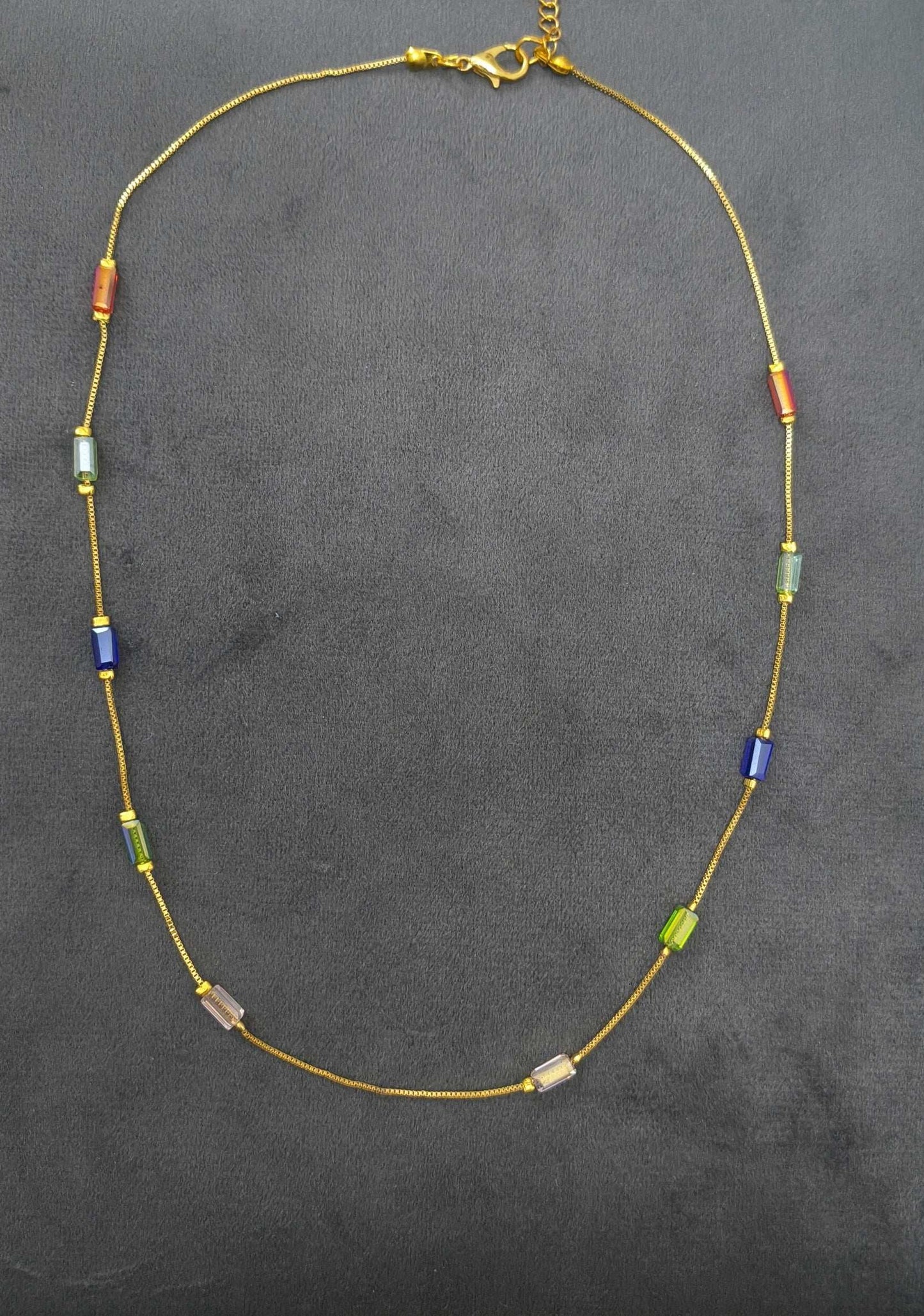 Gold Plated Multicolor Rectangle Crystal Beads Necklace