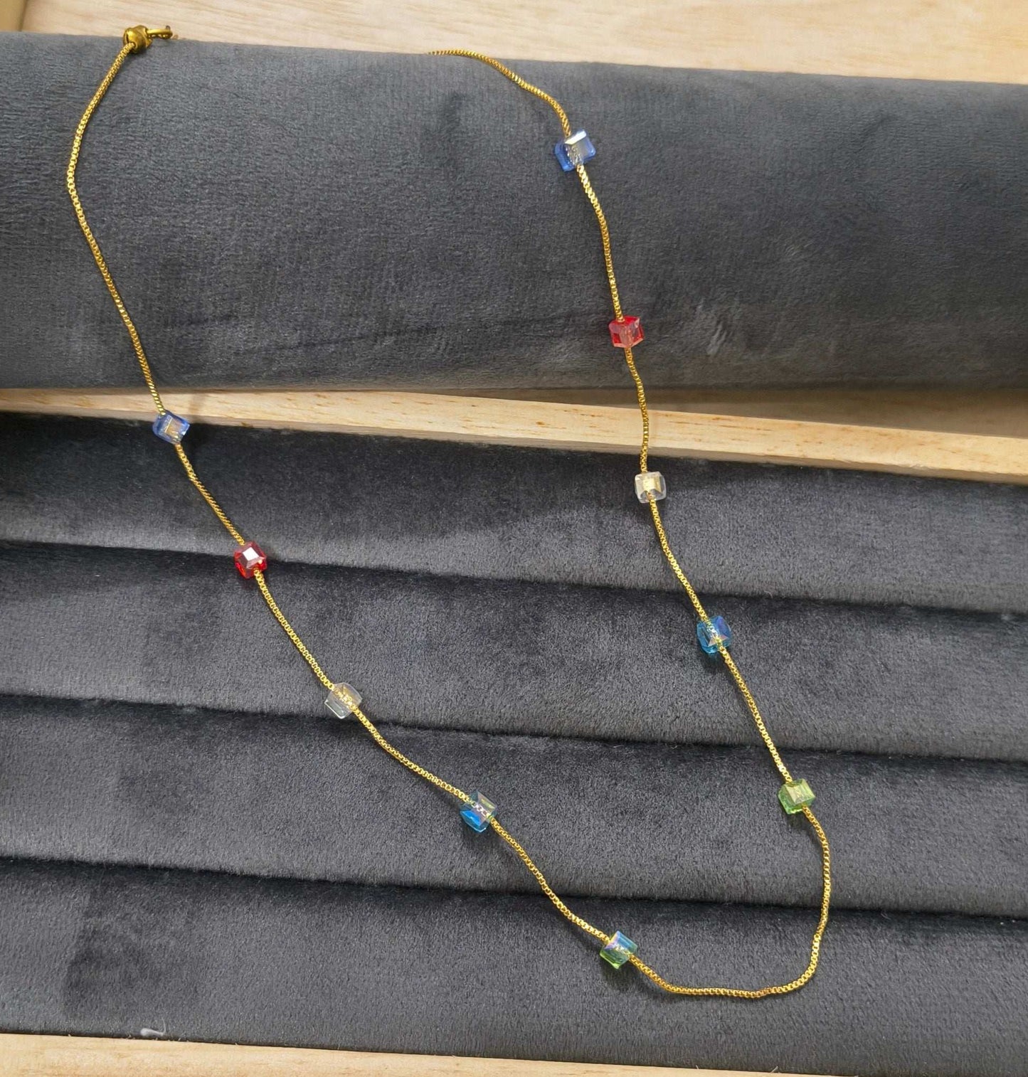 Gold Plated Multicolor Square Crystal Beads Necklace