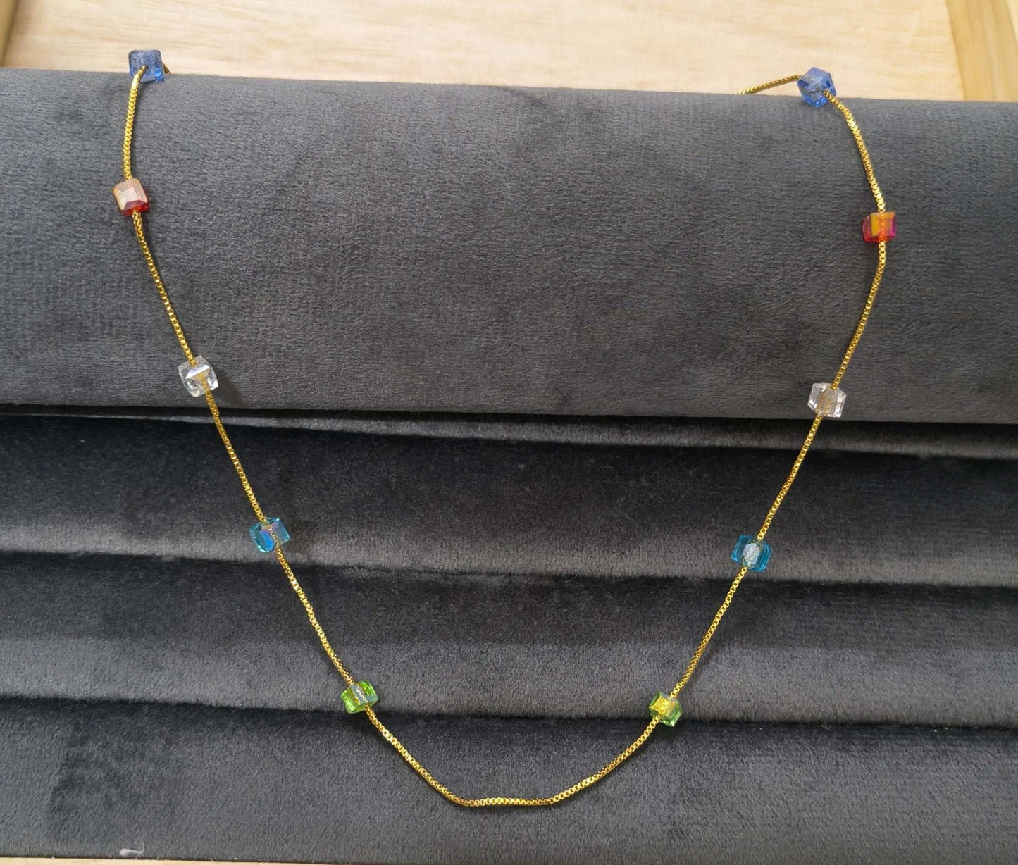 Gold Plated Multicolor Square Crystal Beads Necklace