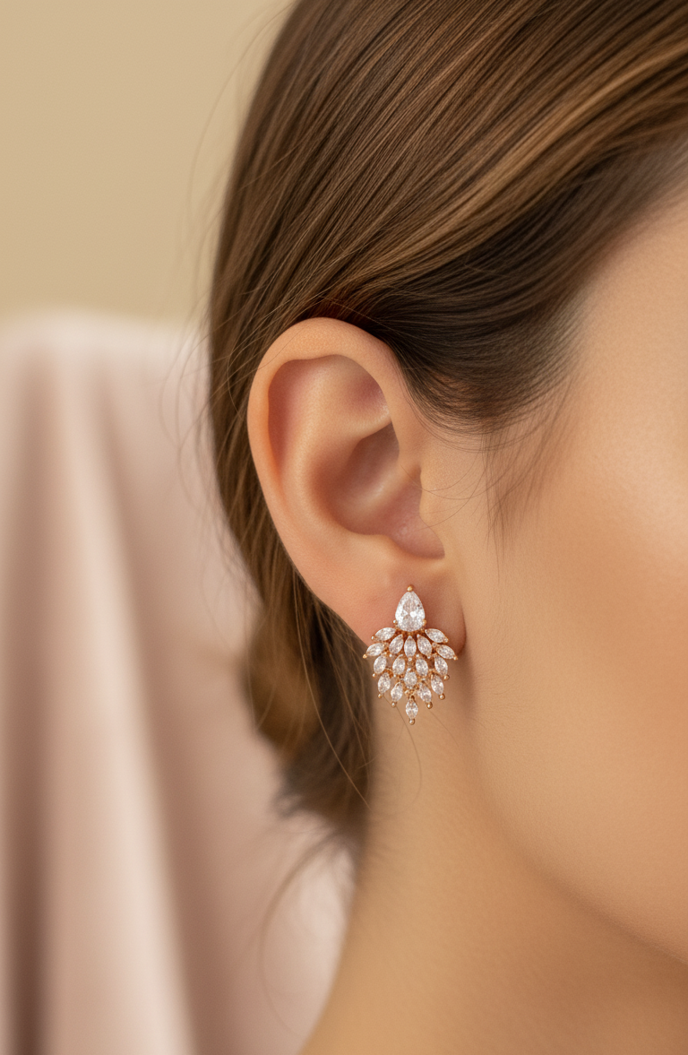 Gold Plated AD Stone Studded Leaf Shape Statement Earring