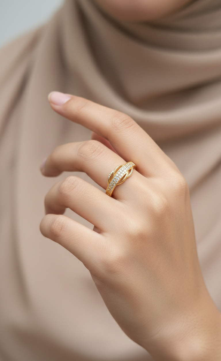 Gold Plated Adjustable Overlap Style AD Stone Studded Ring