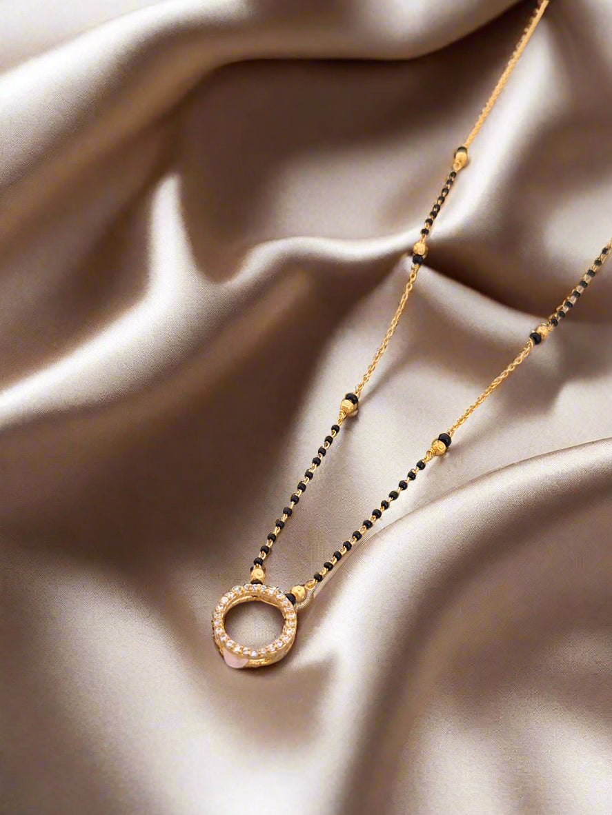 Gold Plated Hollow Circle Pink Bead Pendant Style Mangalsutra Chain