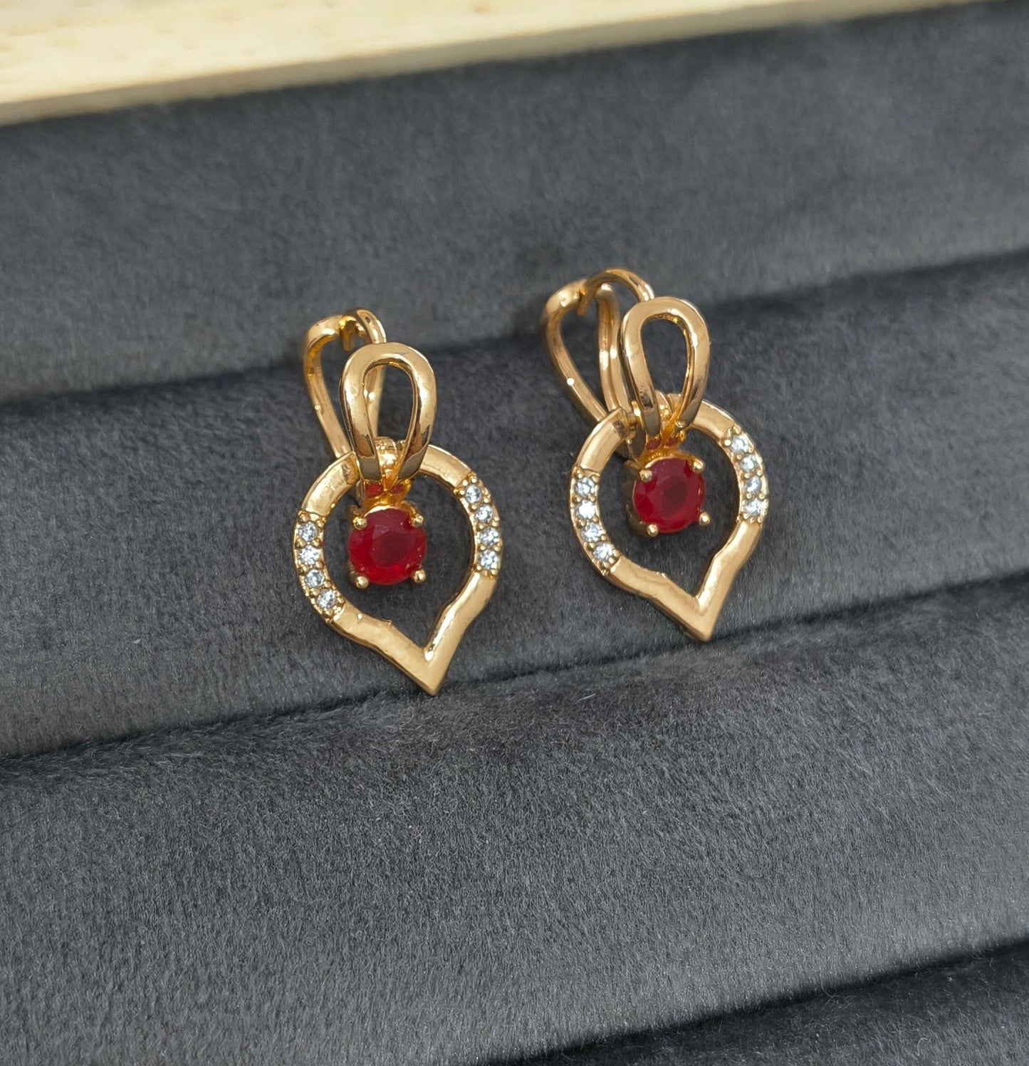 Gold Plated Red Stone Dancing Heart Hoop Earring