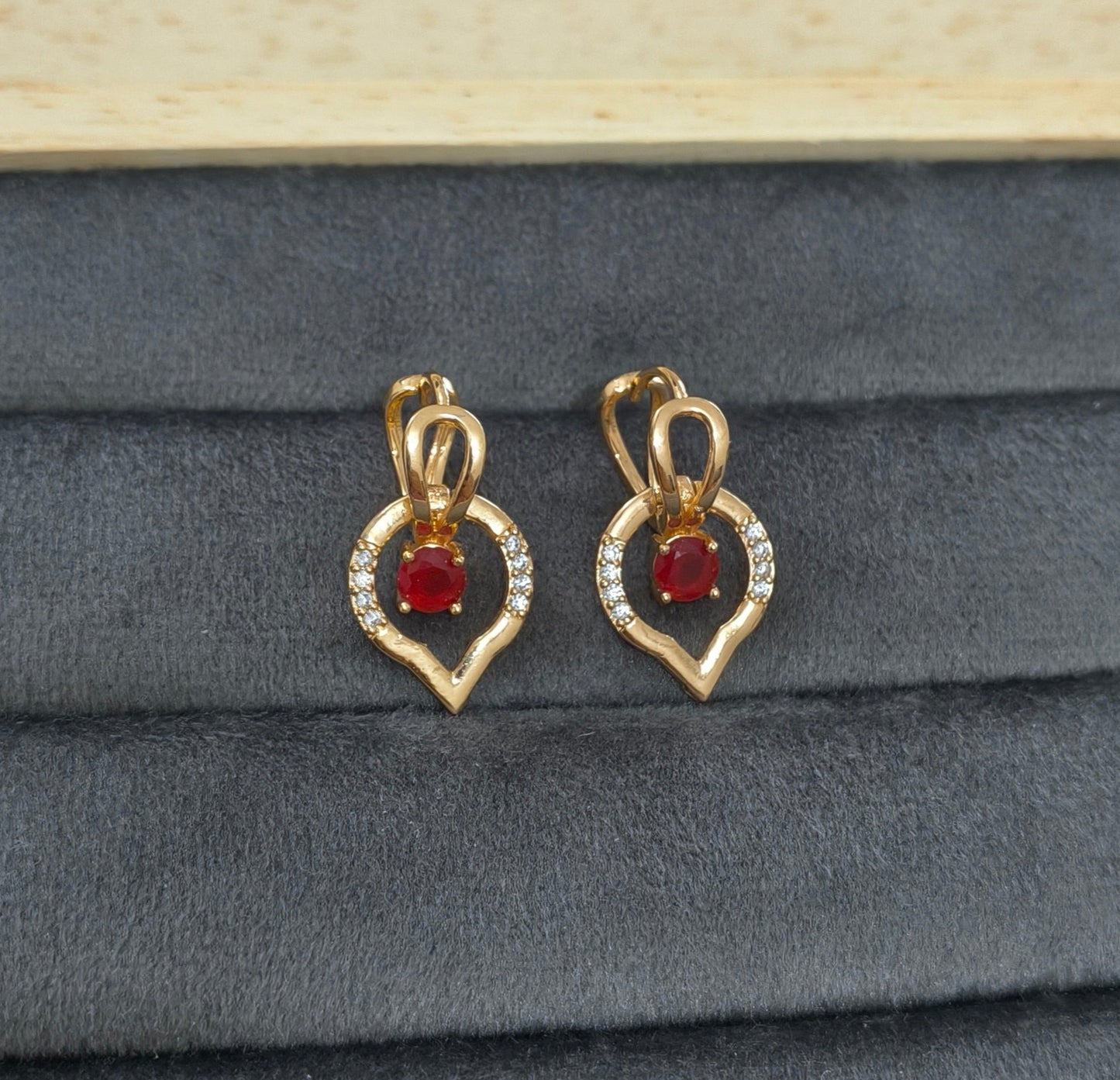 Gold Plated Red Stone Dancing Heart Hoop Earring