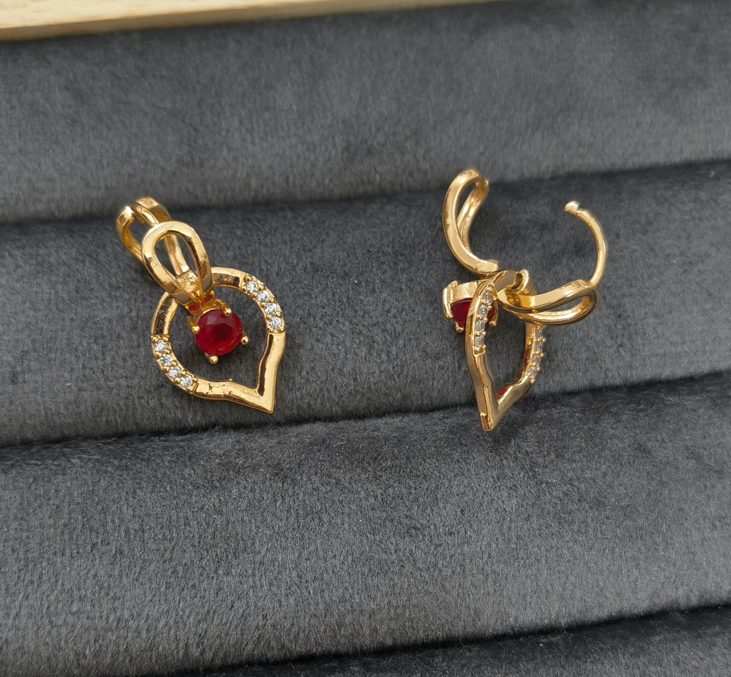Gold Plated Red Stone Dancing Heart Hoop Earring