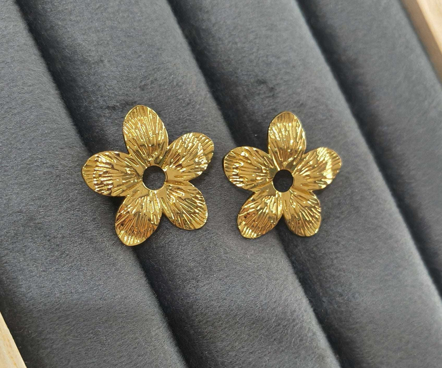 Golden Textured Flower Earrings Studs 18K Gold Plated