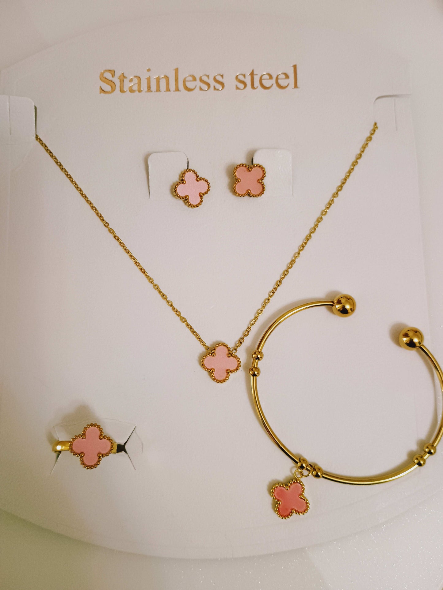 Anti Tarnish Clover Style Necklace Ring Bracelet Earring Combo