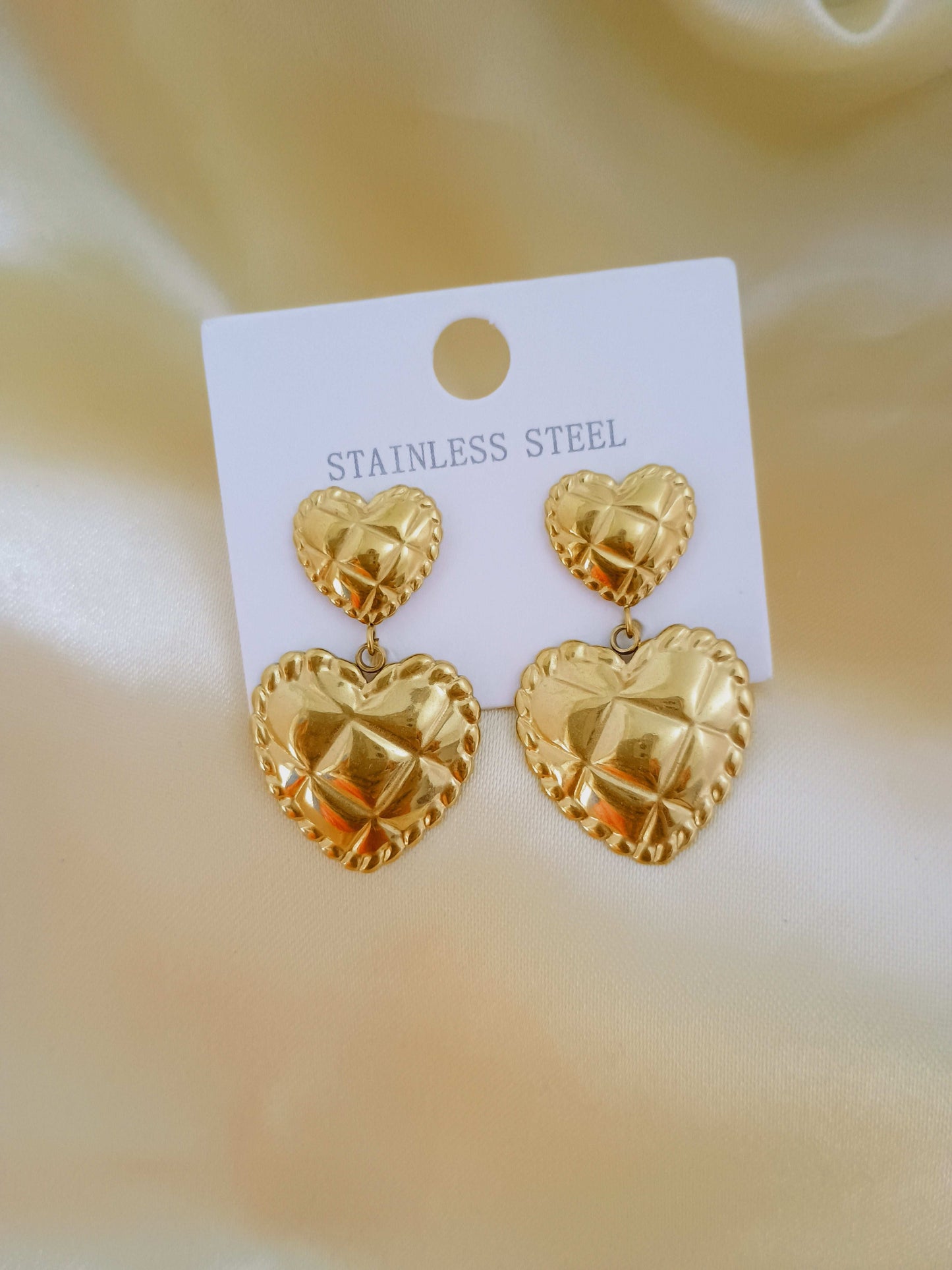 Anti tarnish Premium Double Heart Dangler Earrings 18k Gold PVD Plated - Urban Era Jewel