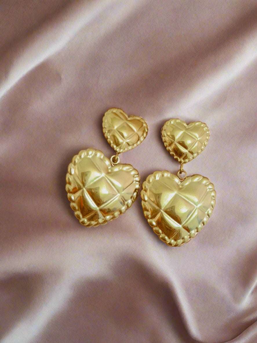 Anti tarnish Premium Double Heart Dangler Earrings 18k Gold PVD Plated - Urban Era Jewel