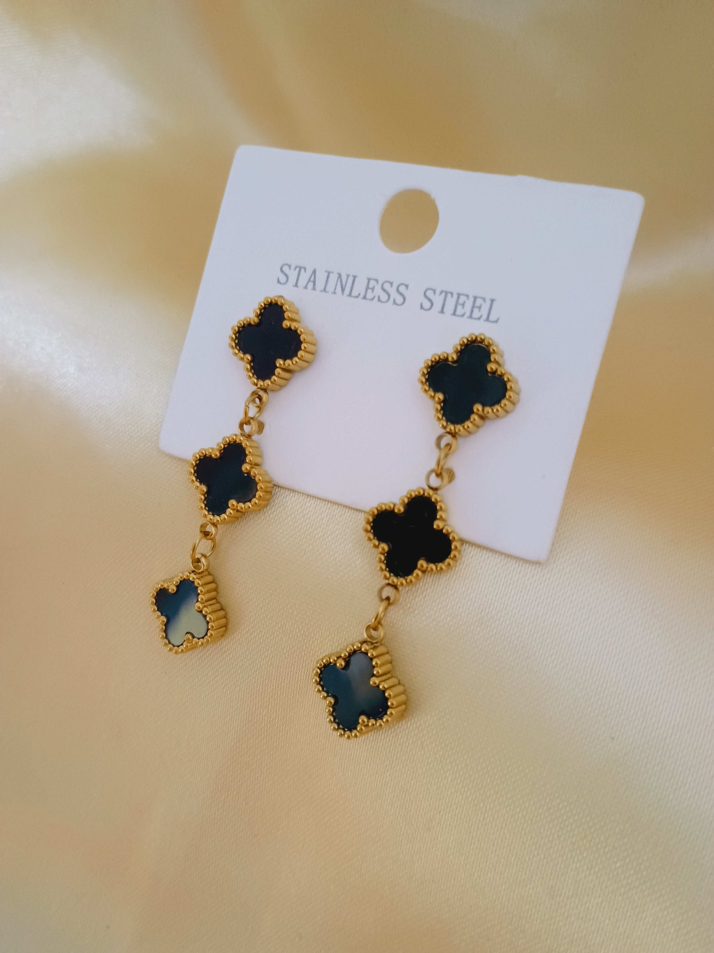Anti tarnish Stylish Triple Black Clover Earrings 18k Gold PVD Plated - Urban Era Jewel