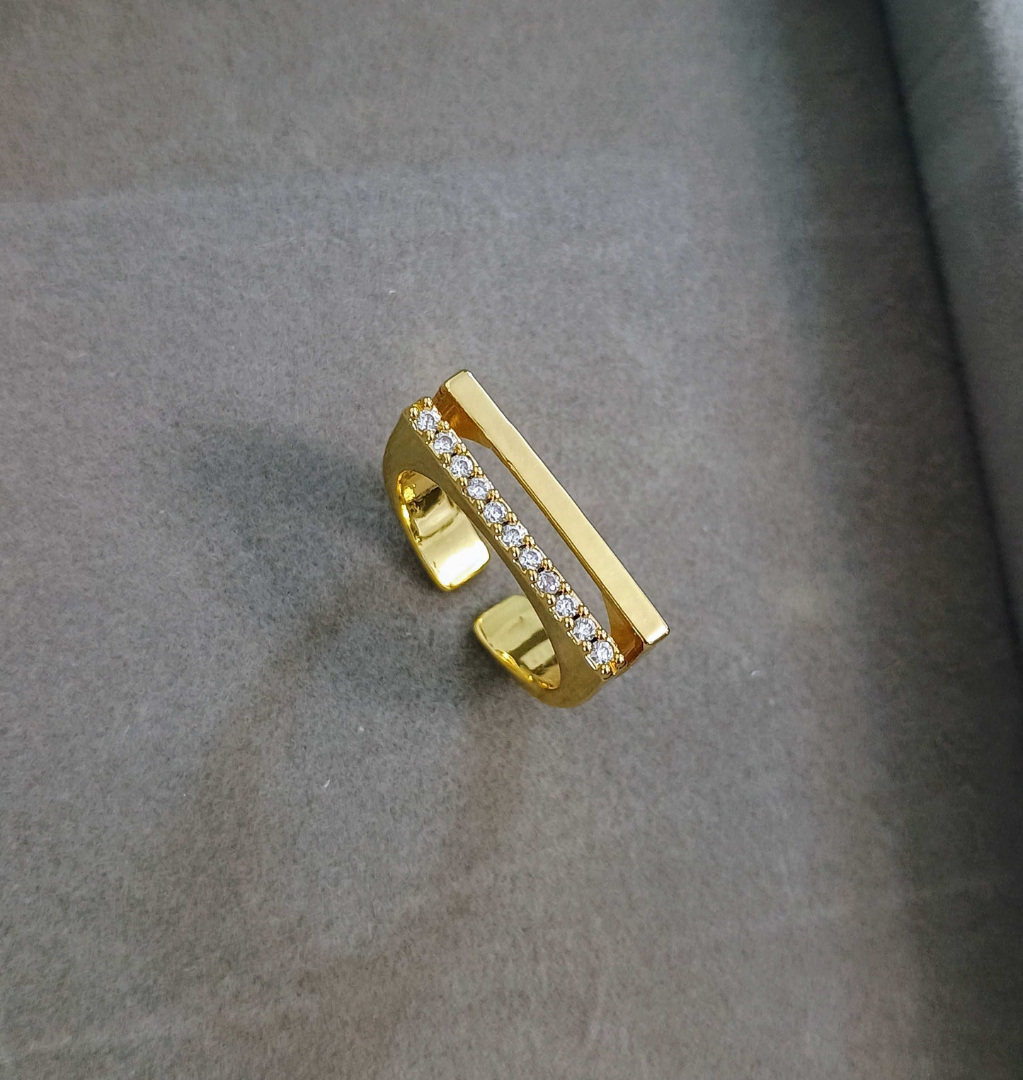 Double U Shaped Stone Studded Adjustable Ring 18k Gold Plated