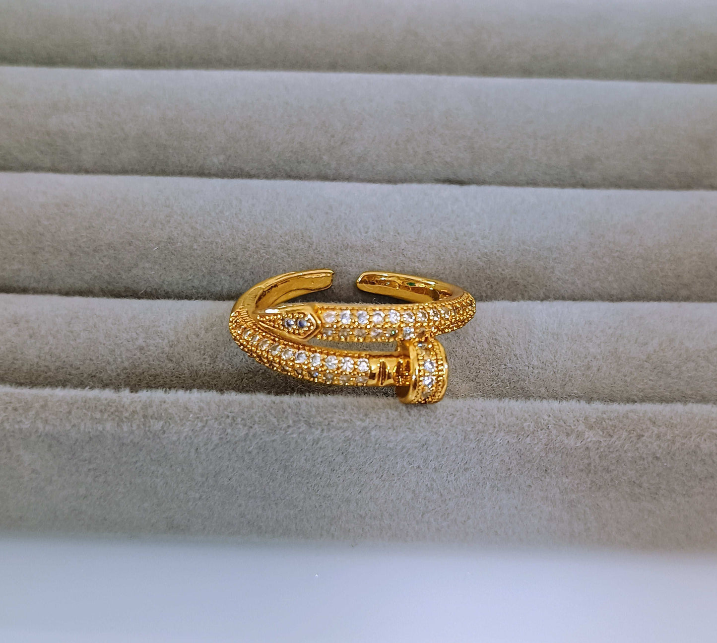 Screw Shaped Stone Studded Adjustable Ring 18k Gold Plated