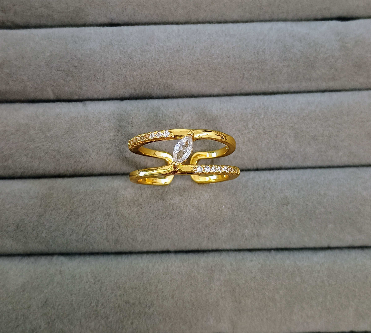 Double Layered Stone Studded Adjustable 18K Gold Plated Ring