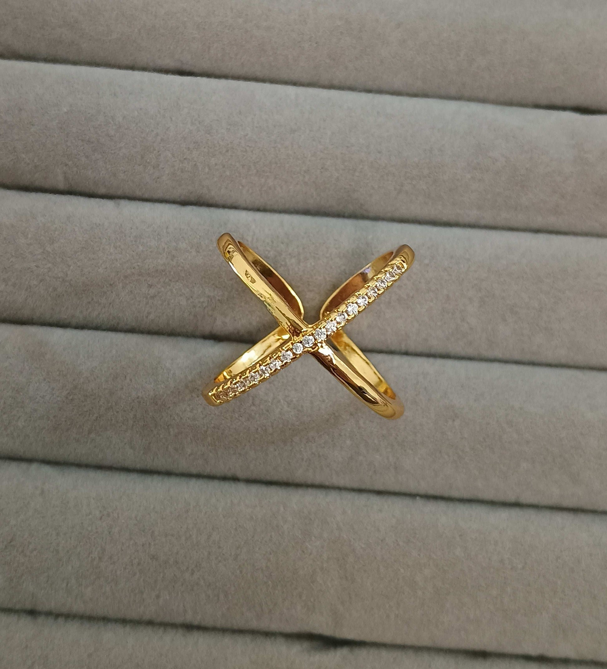 Criss Cross Diamond studded Adjustable 18K Gold Plated Ring