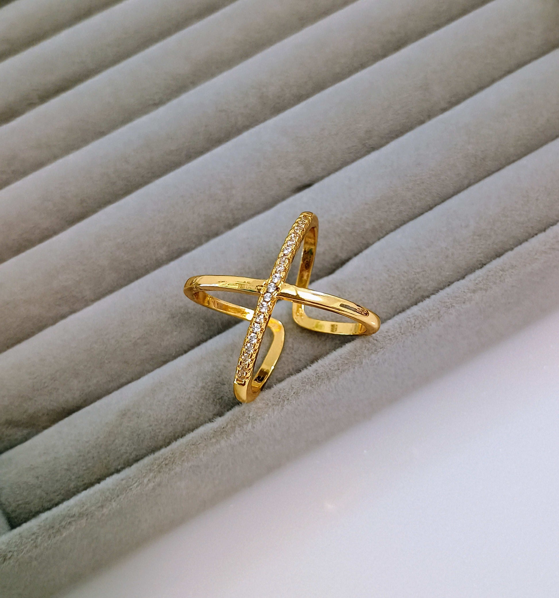 Criss Cross Diamond studded Adjustable 18K Gold Plated Ring