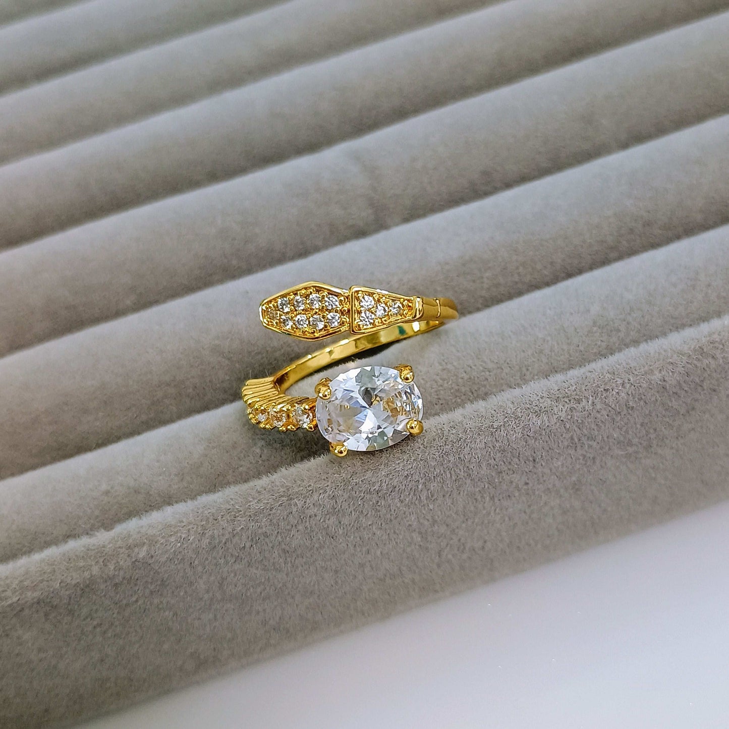 White Stone Studded Spiral Adjustable 18K Gold Plated Ring