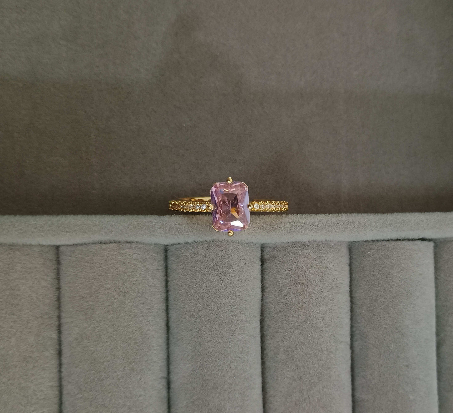 Cushion Cut Dainty Pink Diamond Adjustable 18K Gold Plated Ring