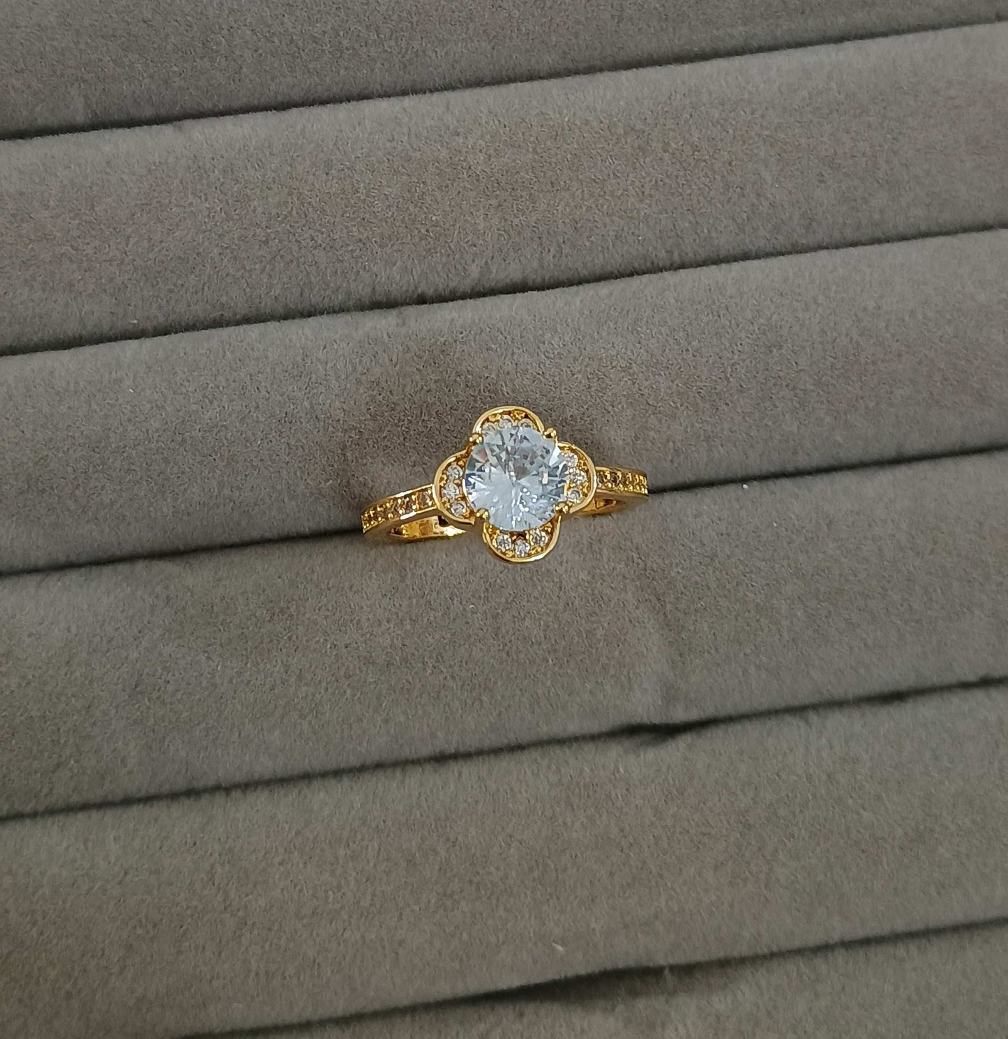 Stone Studded Clover Style Adjustable 18K Gold Plated Ring