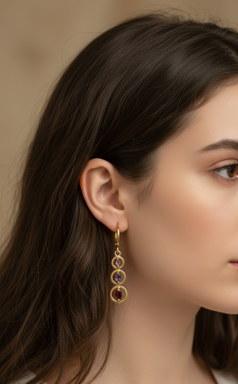 Korean Triple Circle Gem Stone Studded Earrings
