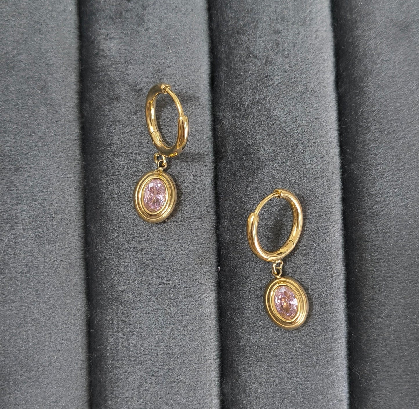 Pink Zirconia Round Pendant Dangle Earrings 18K Gold PVD Plated