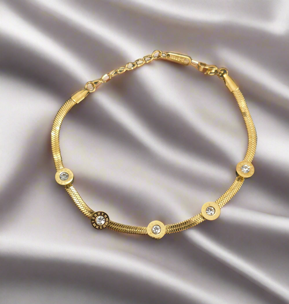 Roman Number Snake Chain Bracelet 18K Gold Plated