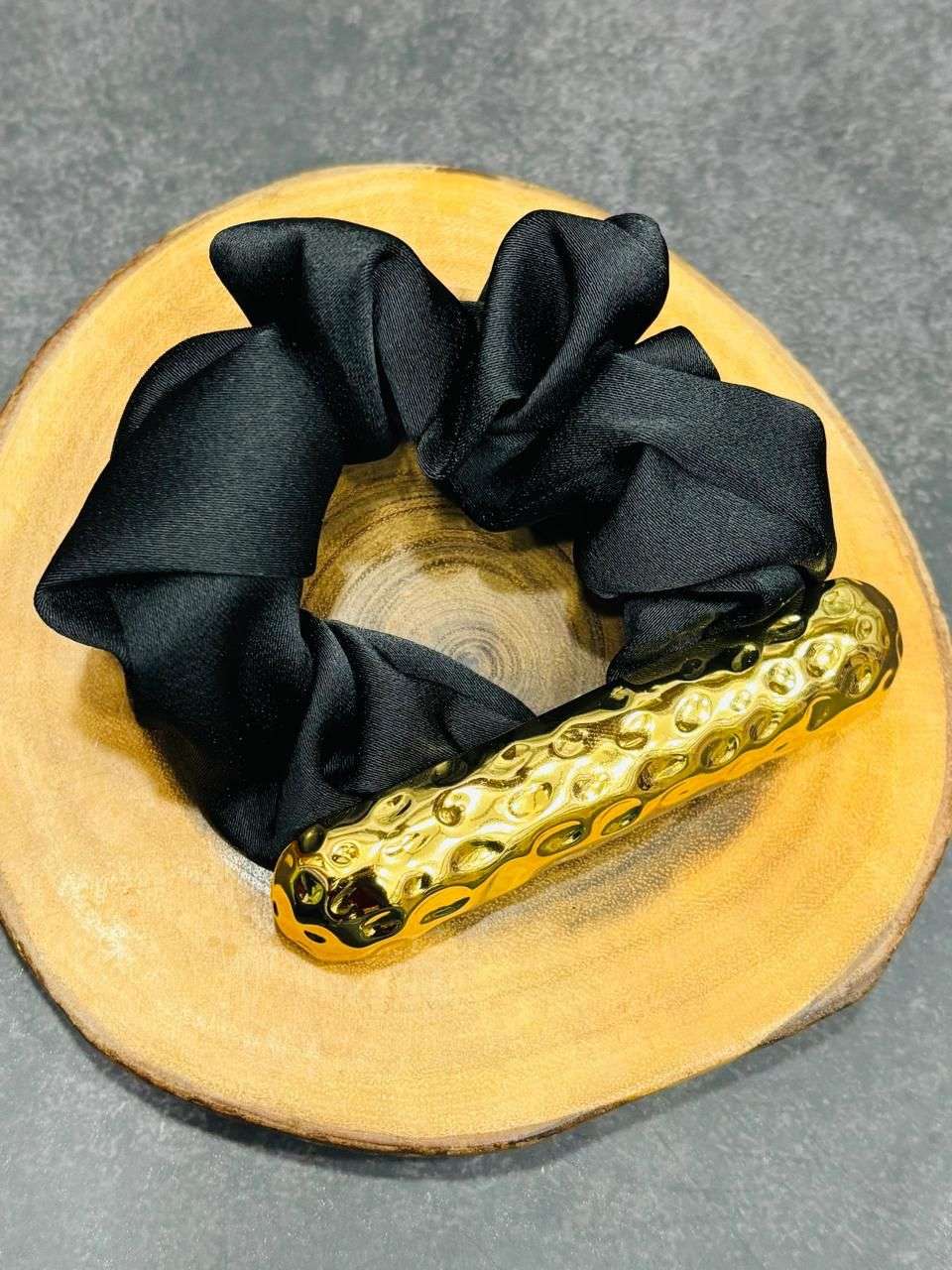 Clip Style Satin Scrunchie Hammered Metal Cuff Hair Band 18K Gold Plated