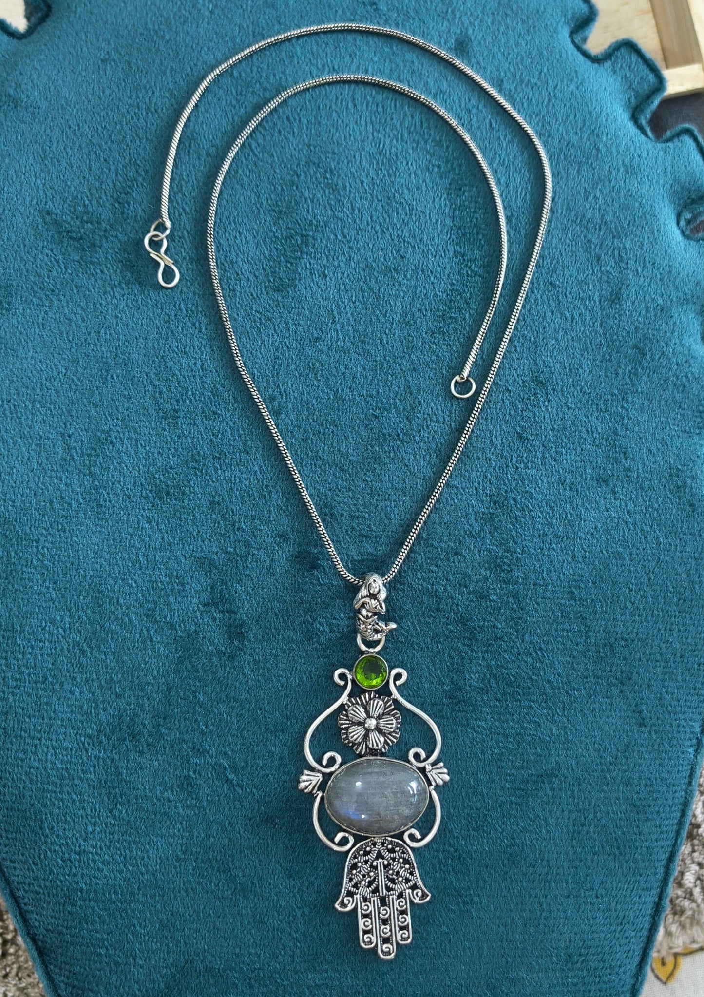 Silver Replica Opal Stone Hamsa Hand Pendant Necklace
