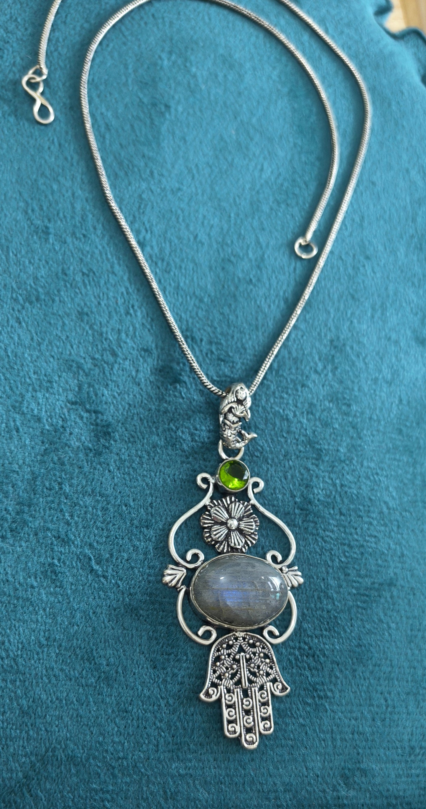 Silver Replica Opal Stone Hamsa Hand Pendant Necklace
