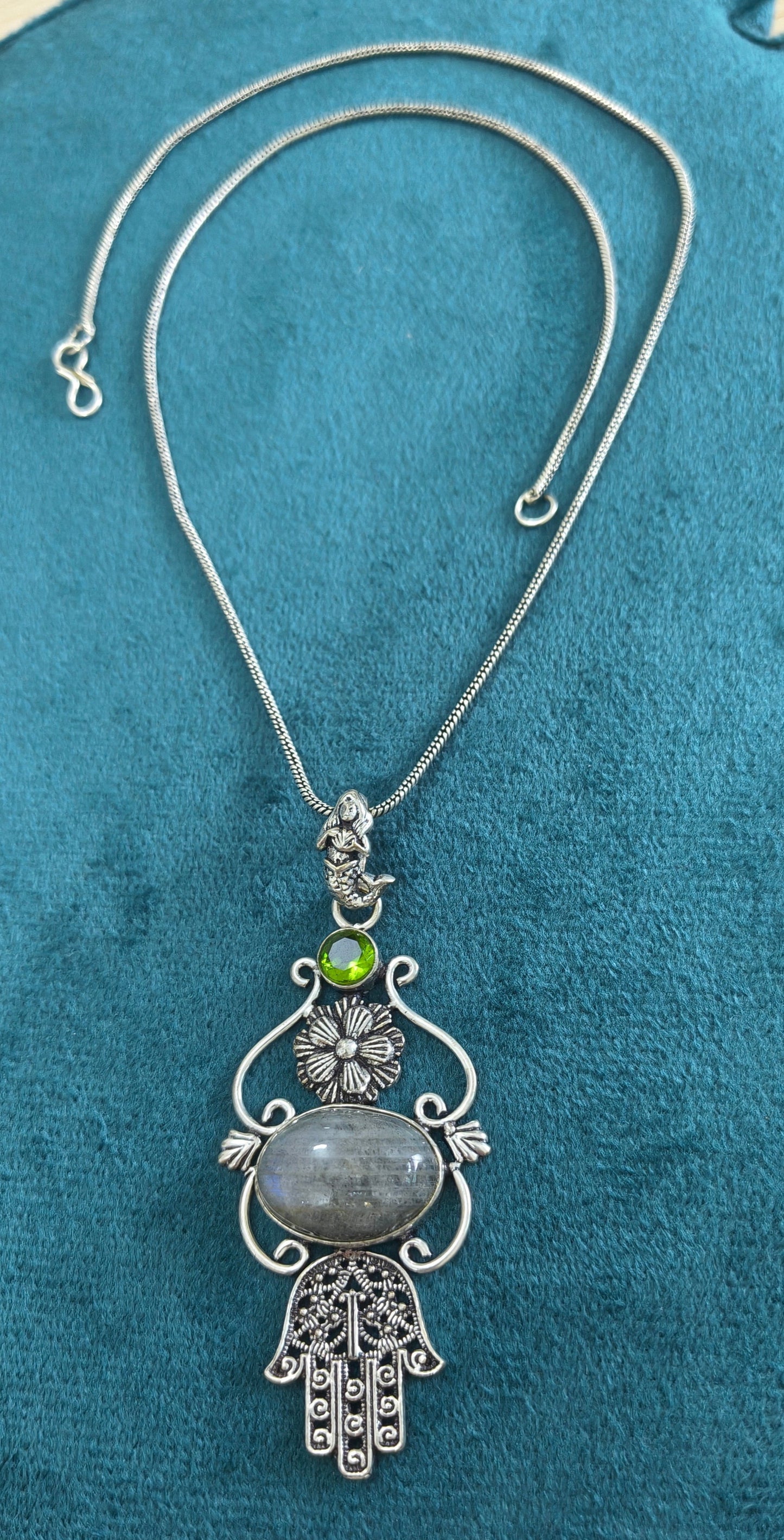 Silver Replica Opal Stone Hamsa Hand Pendant Necklace