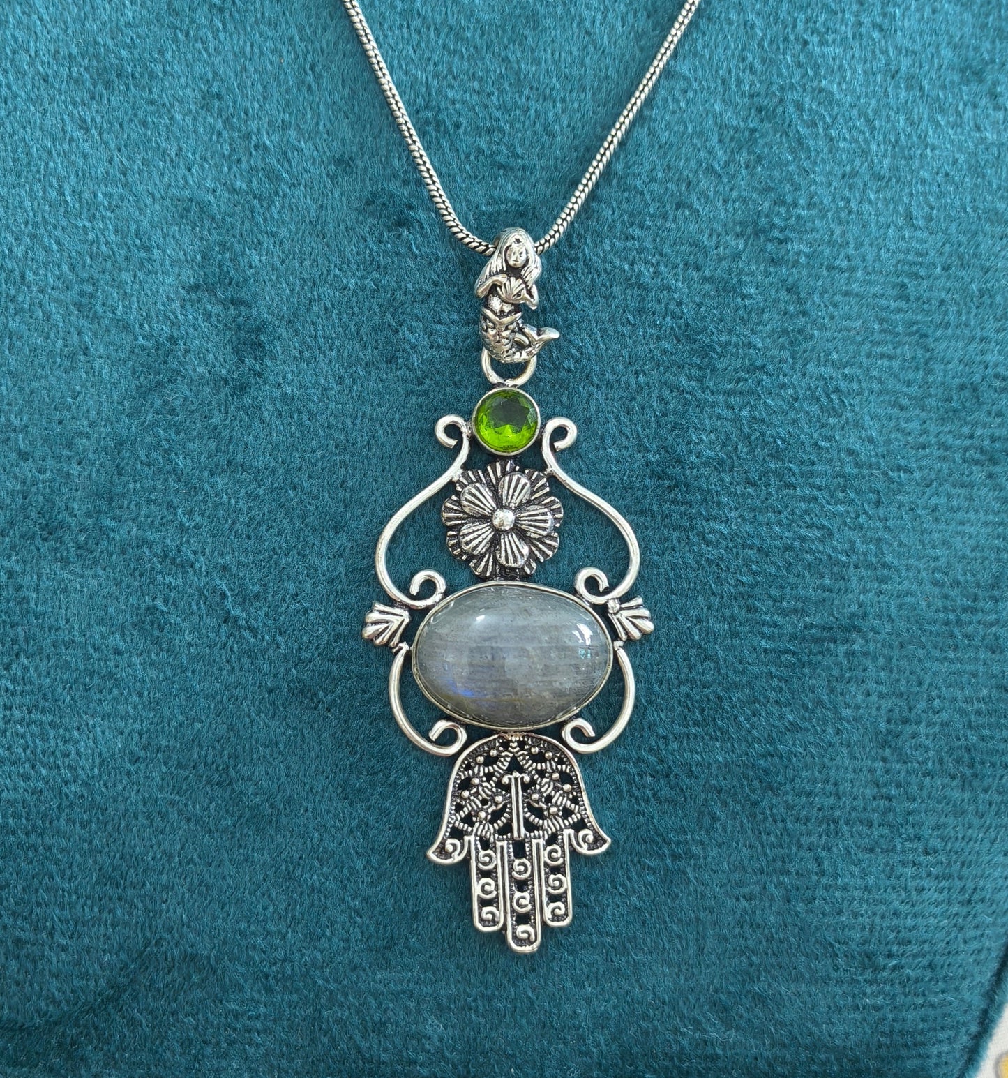 Silver Replica Opal Stone Hamsa Hand Pendant Necklace