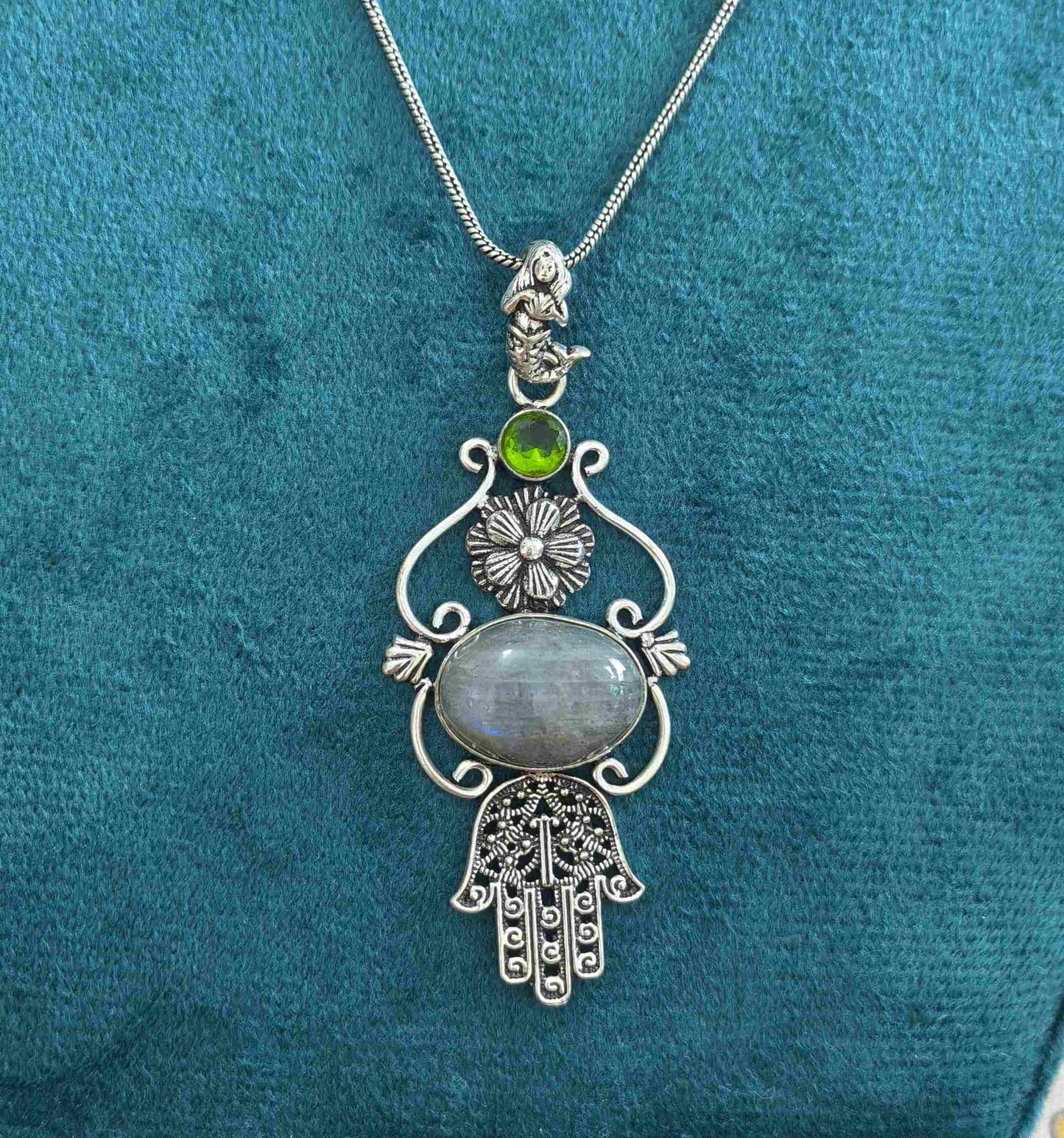 Silver Replica Opal Stone Hamsa Hand Pendant Necklace