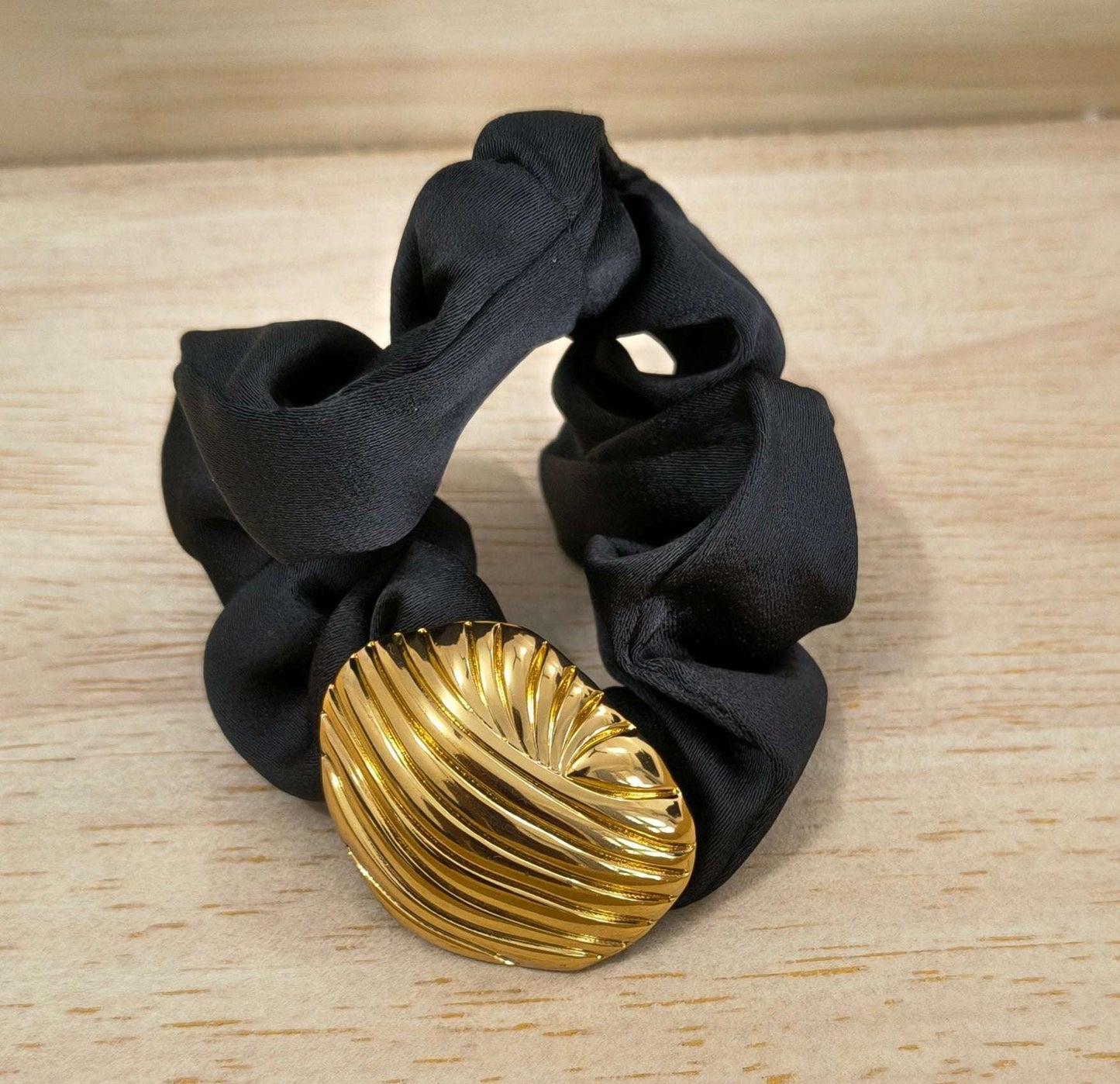 Spring Satin Scrunchie Metal Cuff Hair Band 18K Gold Plated